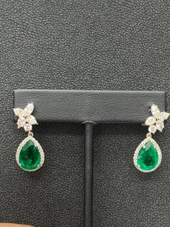 8.92 Carat of Pear Shape Emerald and Diamond Drop Earrings in 18K White Gold