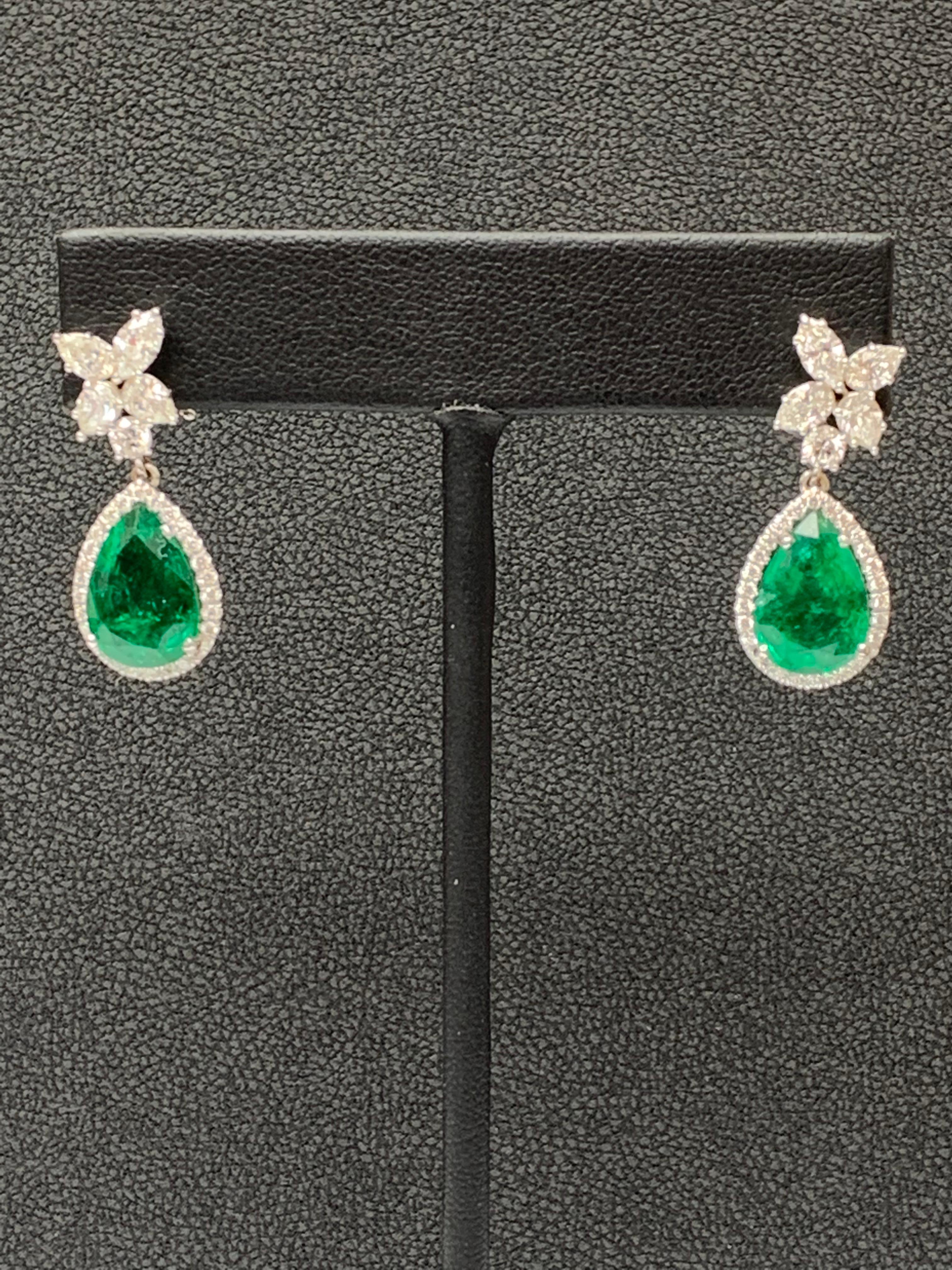 Pear Cut 8.92 Carat of Pear Shape Emerald and Diamond Drop Earrings in 18K White Gold For Sale