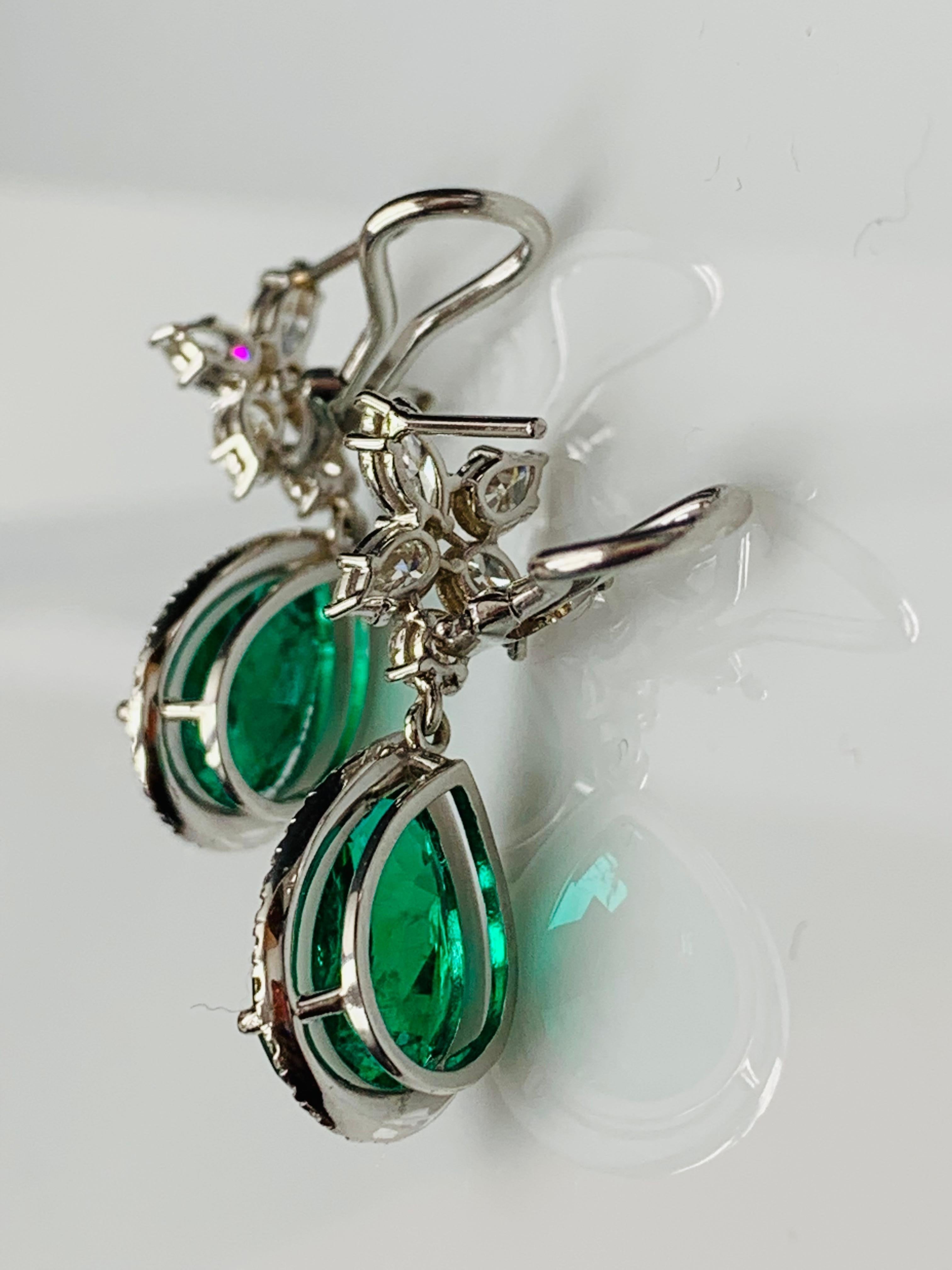 Women's 8.92 Carat of Pear Shape Emerald and Diamond Drop Earrings in 18K White Gold For Sale