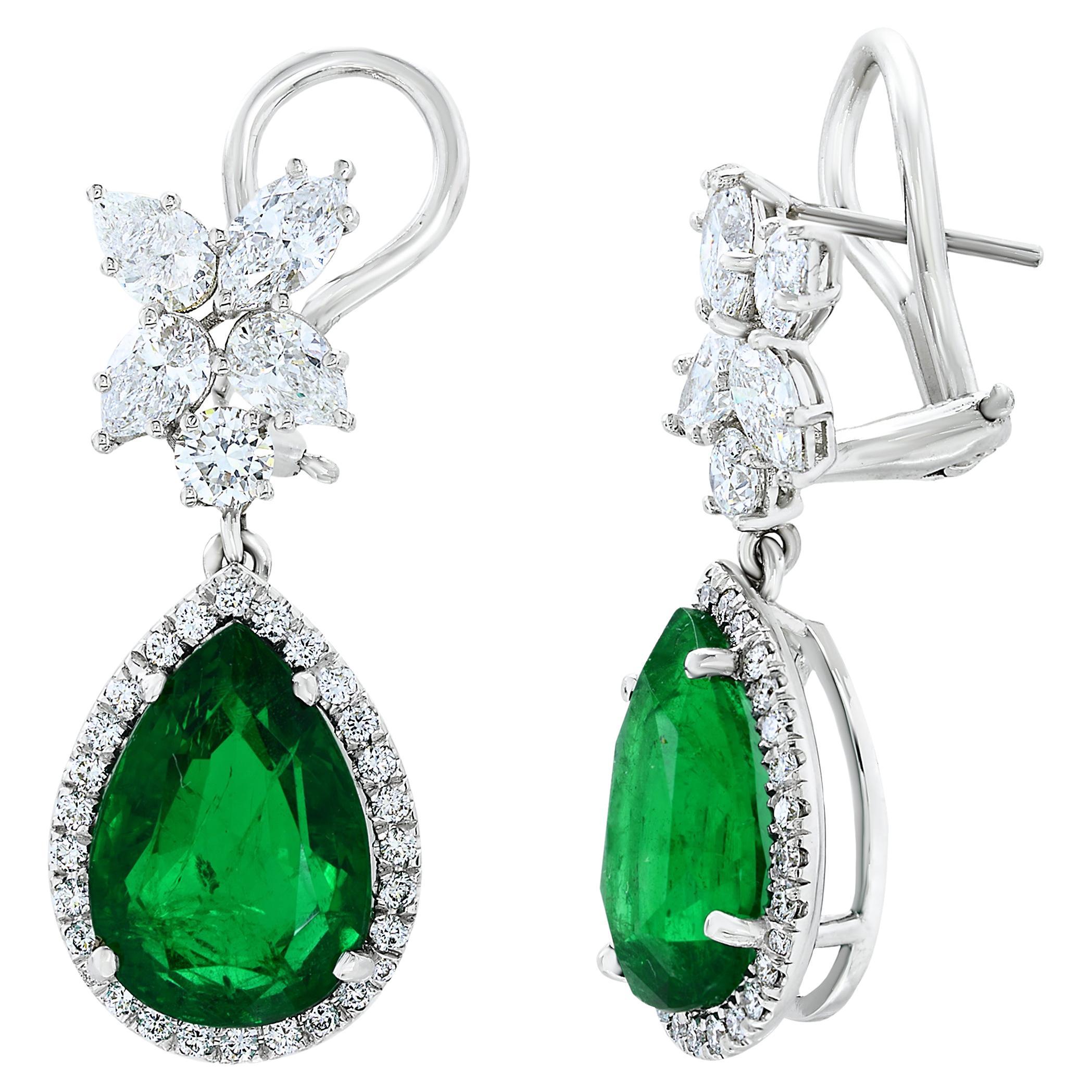 8.92 Carat of Pear Shape Emerald and Diamond Drop Earrings in 18K White Gold