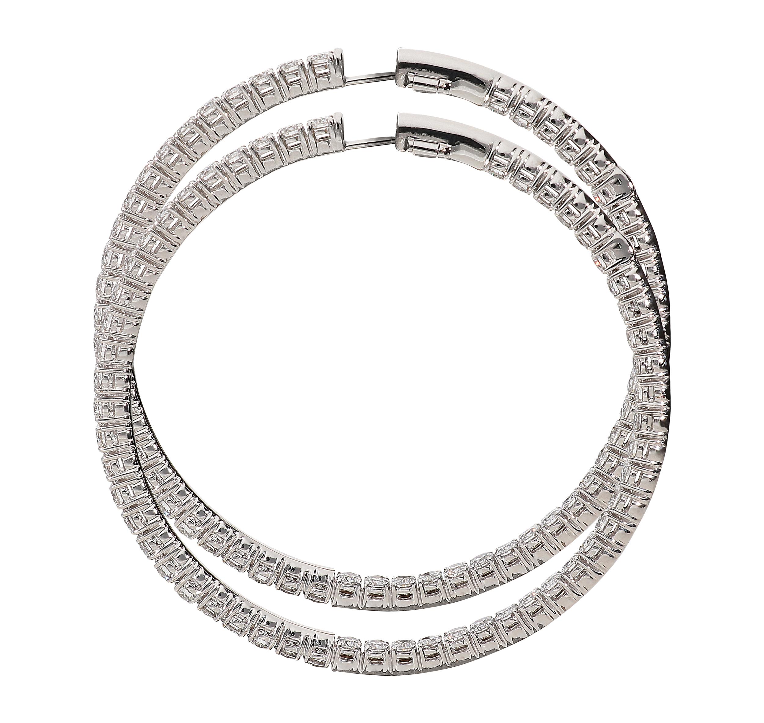 Modern 8.92 Carat White GVS Diamonds 18 Karat White Gold Big Hoop Earrings For Sale