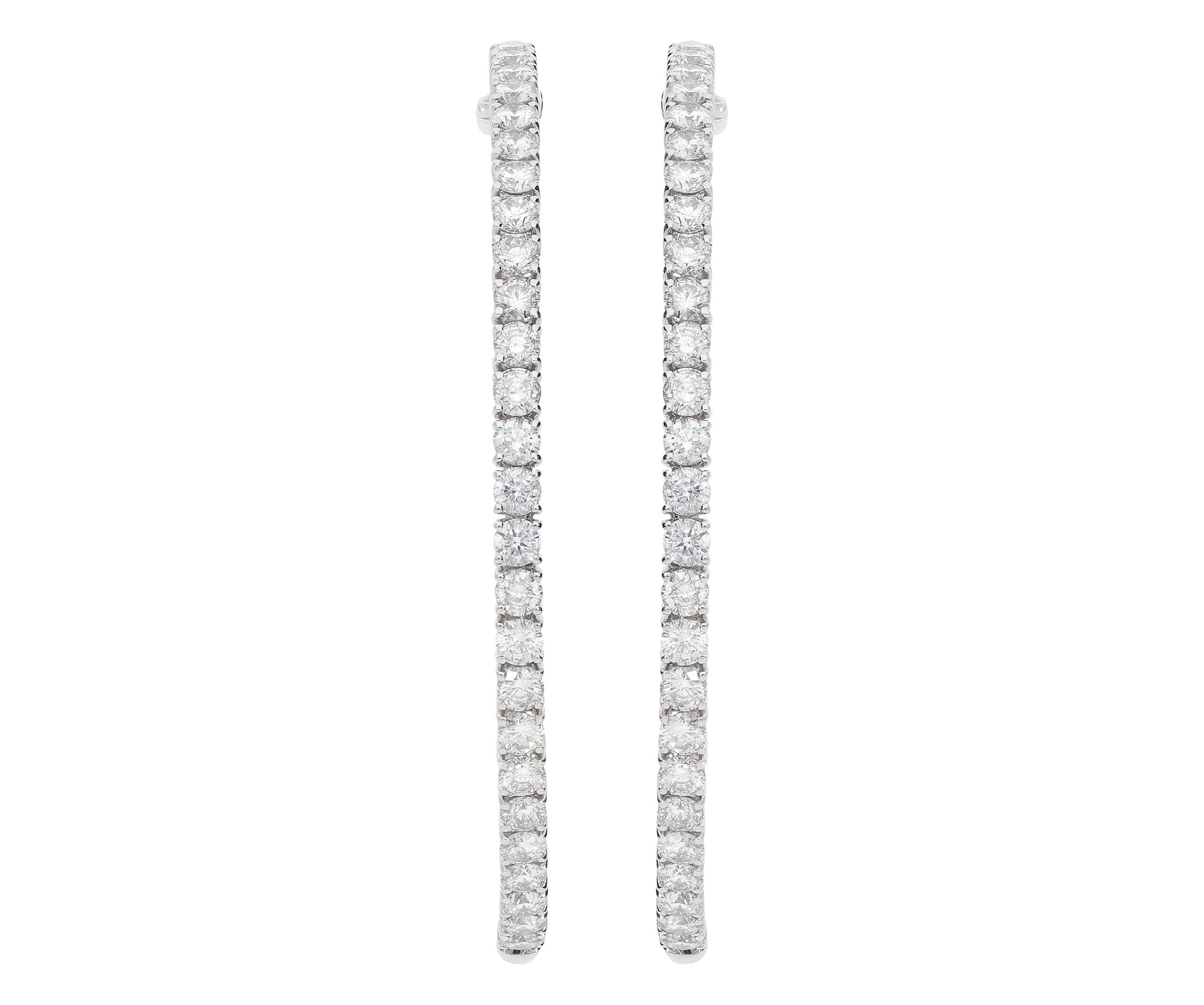 Round Cut 8.92 Carat White GVS Diamonds 18 Karat White Gold Big Hoop Earrings For Sale