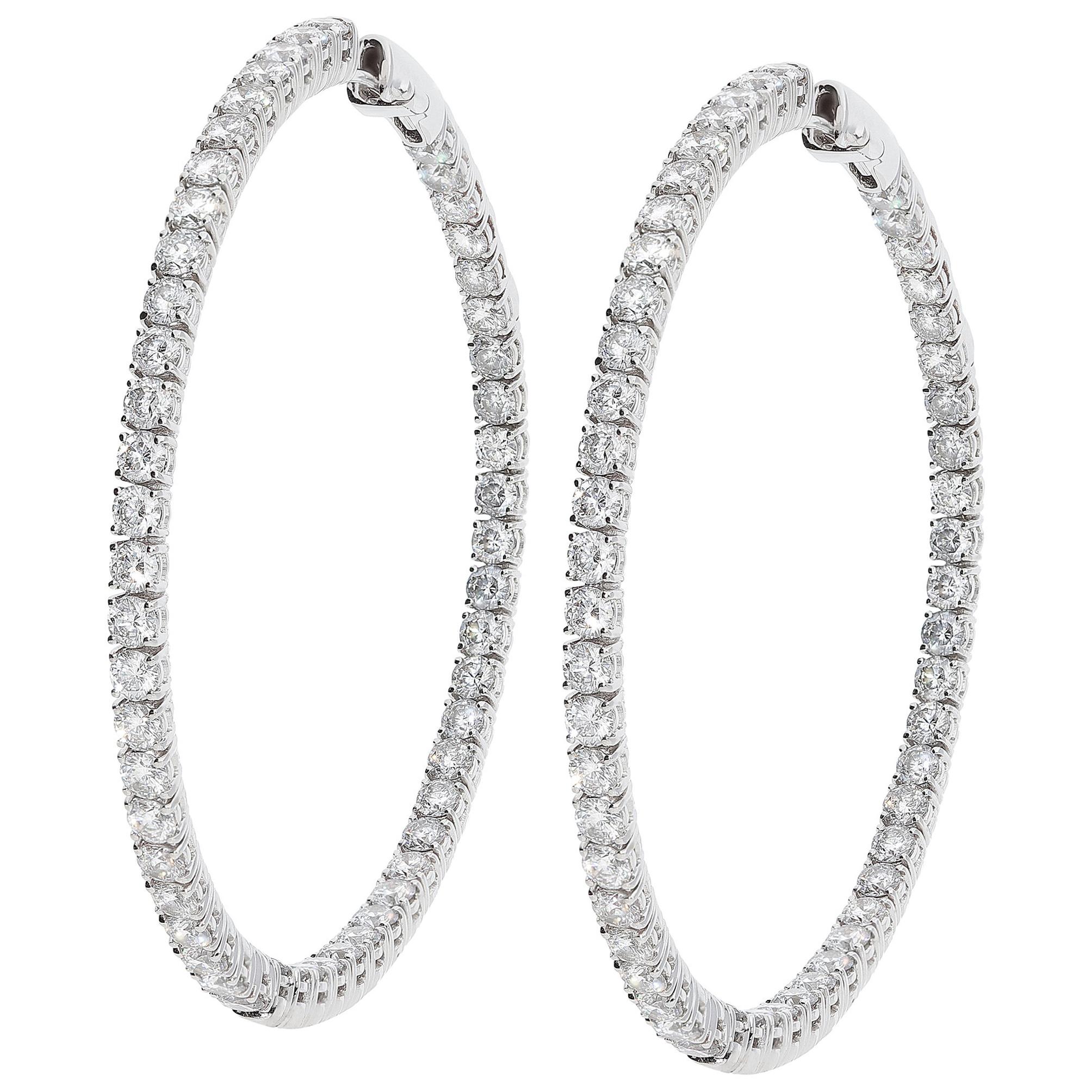 8.92 Carat White GVS Diamonds 18 Karat White Gold Big Hoop Earrings For Sale