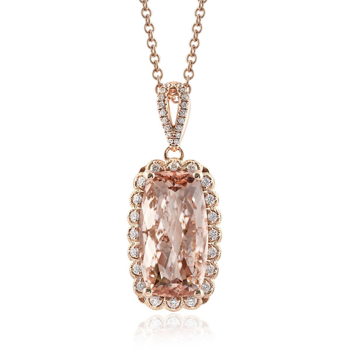 Natural Pink Morganite Gemstone 8.93 cts in 14K Rose Gold Pendant with Diamonds In New Condition In Los Angeles, CA