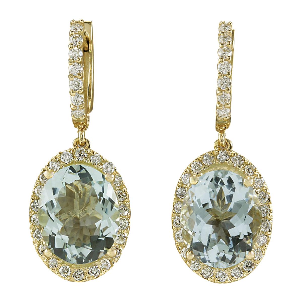 Natural Aquamarine Diamond Earrings In 14 Karat Yellow Gold  For Sale