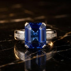 8.93 Carat Tanzanite and Baguette Diamond Ring in 18K White Gold