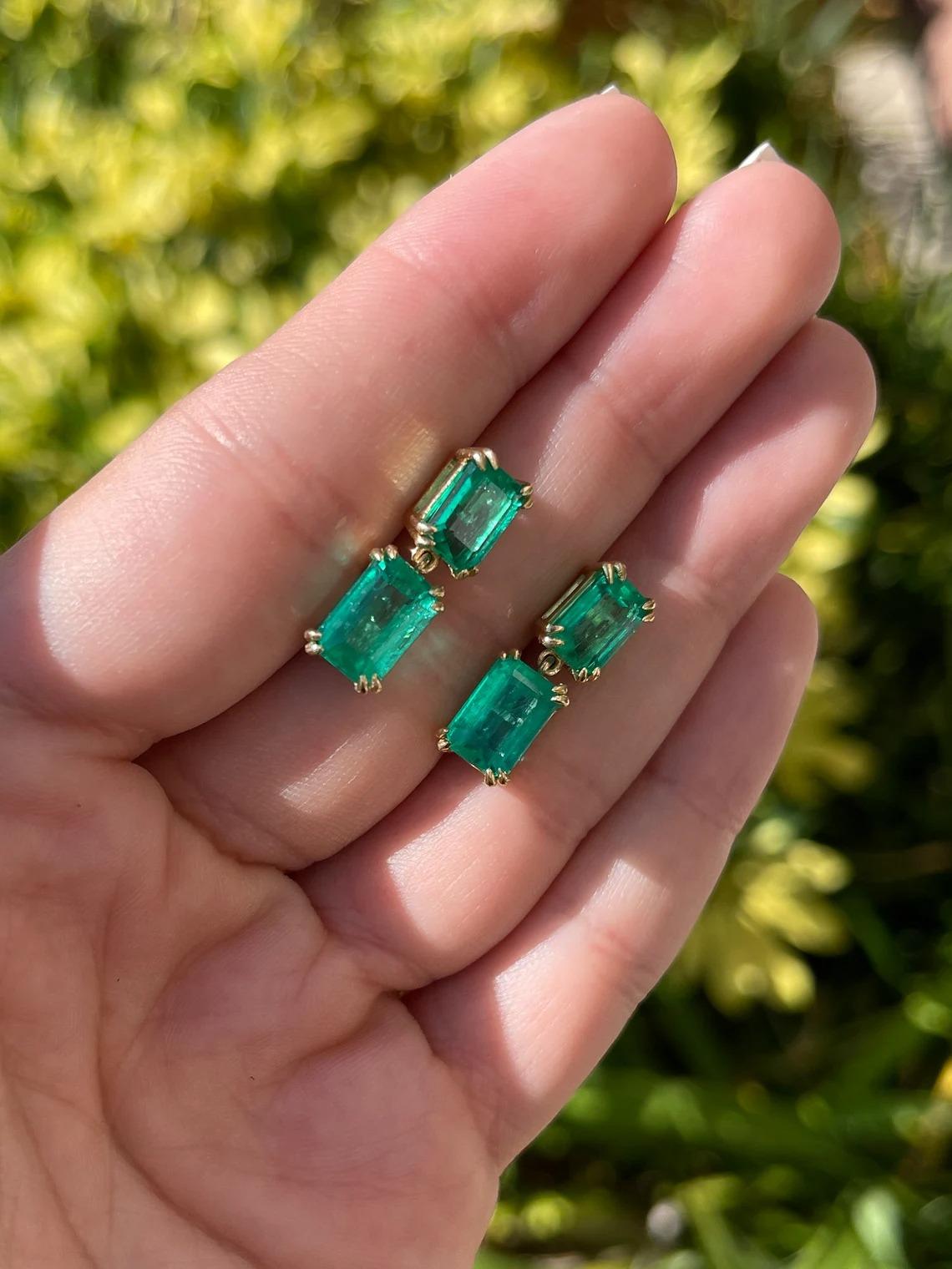 Modern 8.93tcw AAA+ Colombian Emerald-Emerald Cut Double Claw Prong Dangle Earrings 18K For Sale