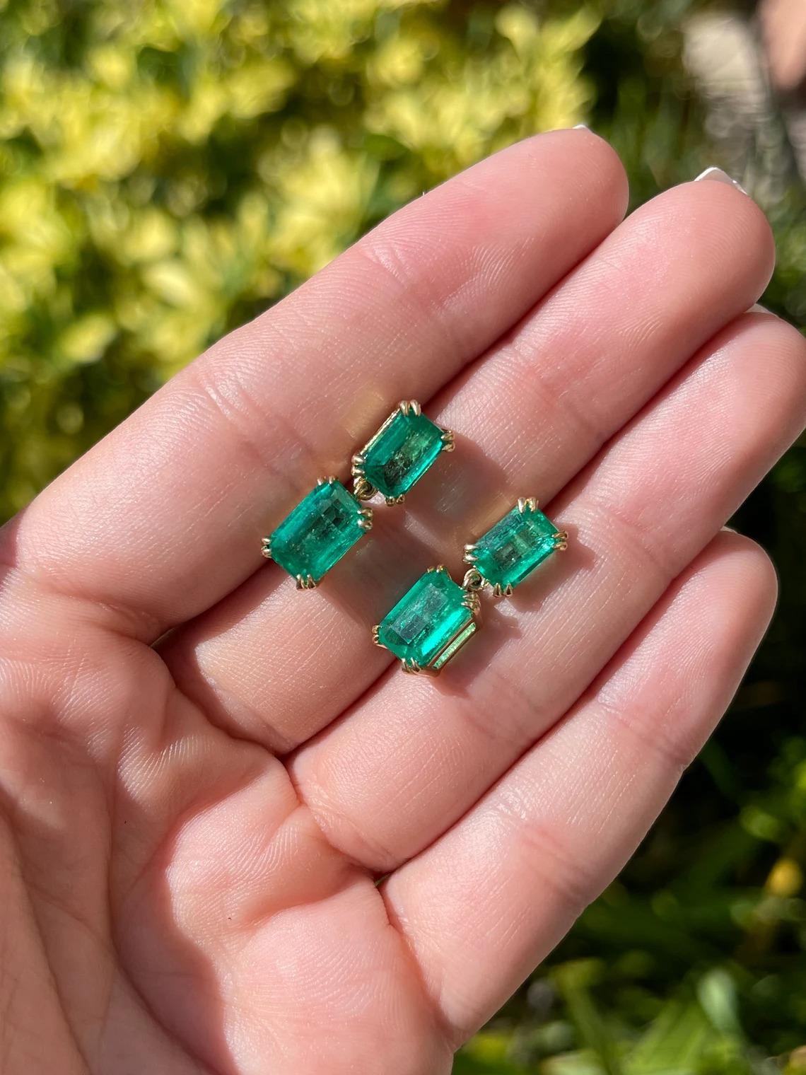8.93tcw AAA+ Colombian Emerald-Emerald Cut Double Claw Prong Dangle Earrings 18K In New Condition For Sale In Jupiter, FL