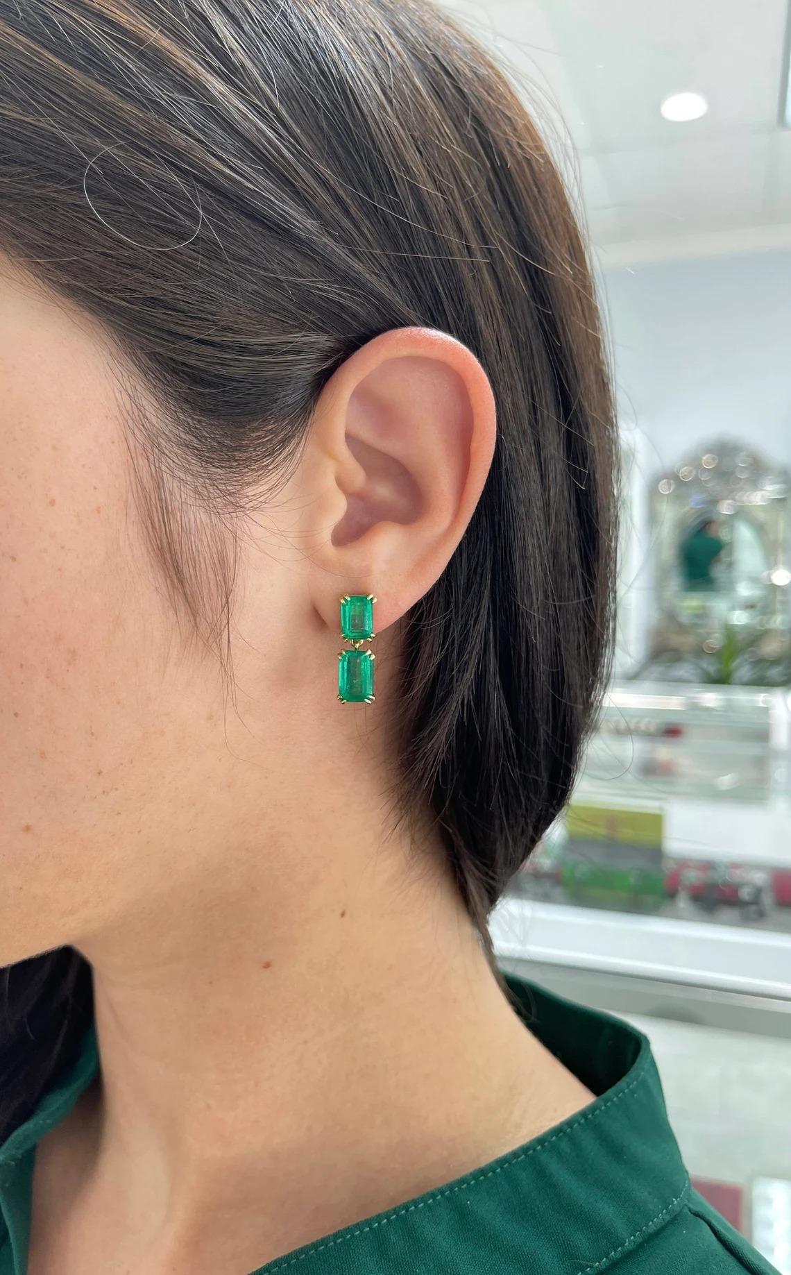 Women's 8.93tcw AAA+ Colombian Emerald-Emerald Cut Double Claw Prong Dangle Earrings 18K For Sale