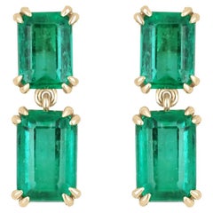 8.93tcw 18K Colombian Emerald-Emerald Cut Gold Double Claw Prong Dangle Earrings