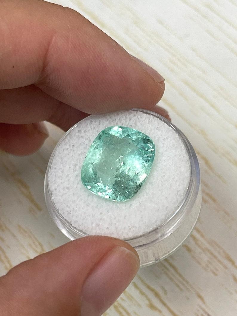 Women's 8.94 Carat Light Green Colombian Emerald - Cushion Cut Genuine Gem May Birthston For Sale