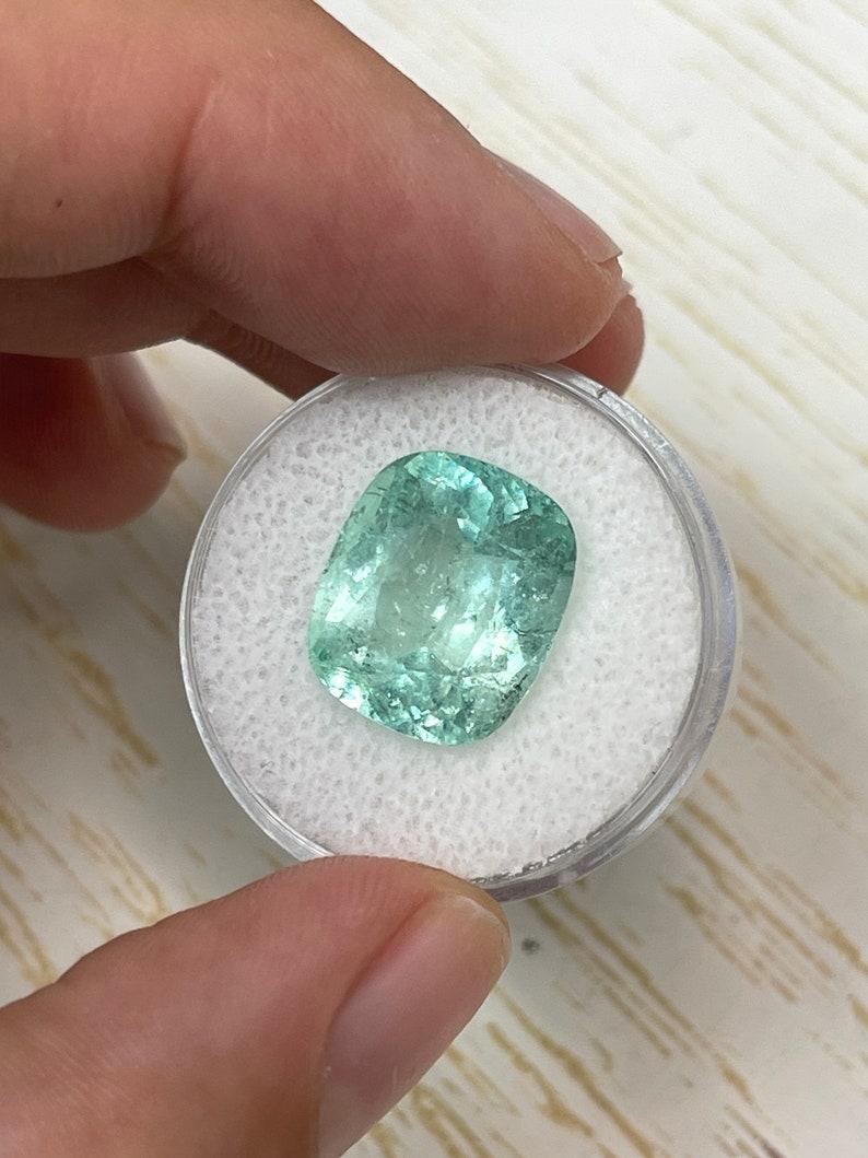 Modern 8.94 Carat Light Green Colombian Emerald - Cushion Cut Genuine Gem May Birthston For Sale