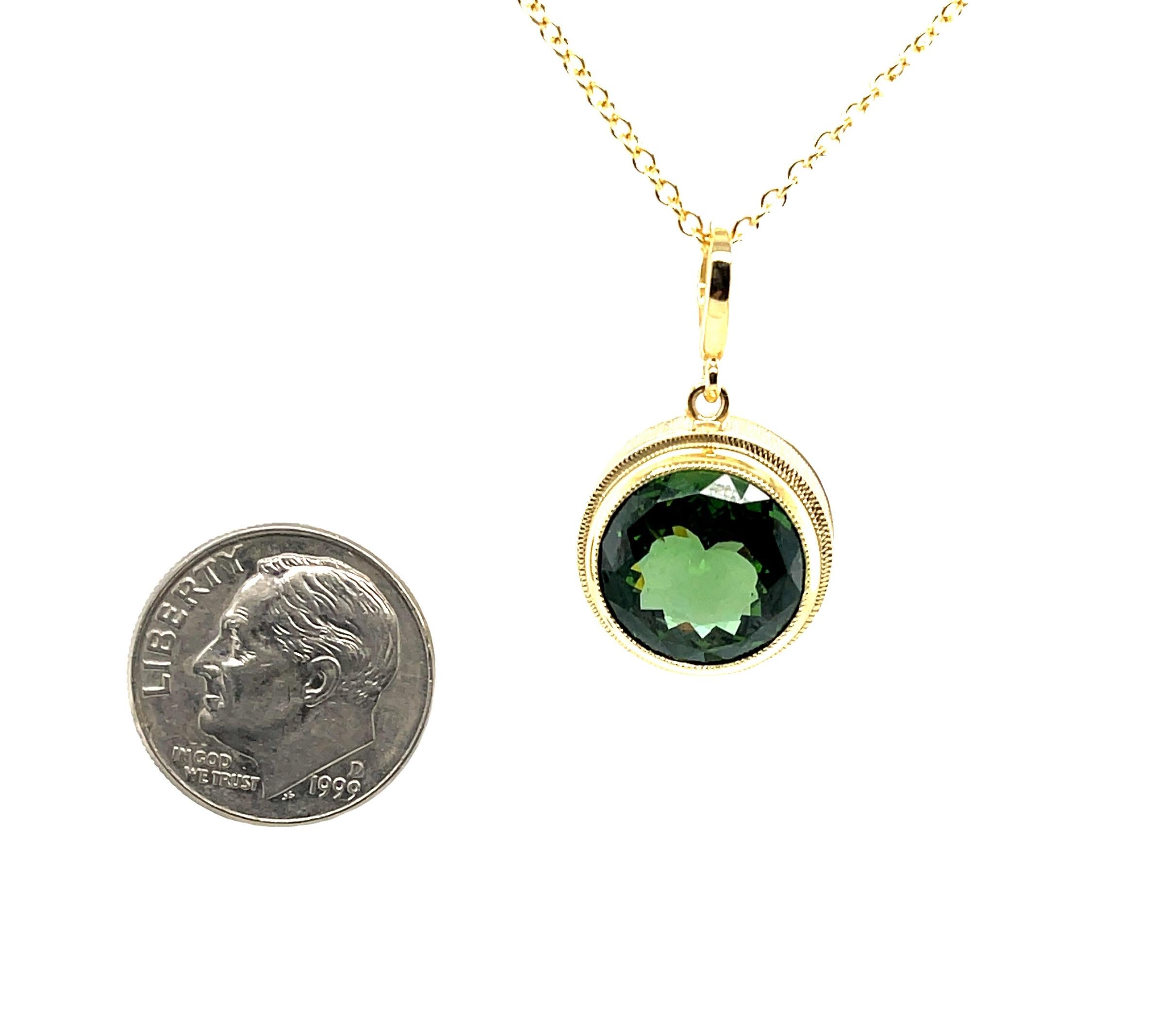 8.94 Carat Round Green Zircon Enhancer Pendant in 18k Yellow Gold In New Condition For Sale In Los Angeles, CA