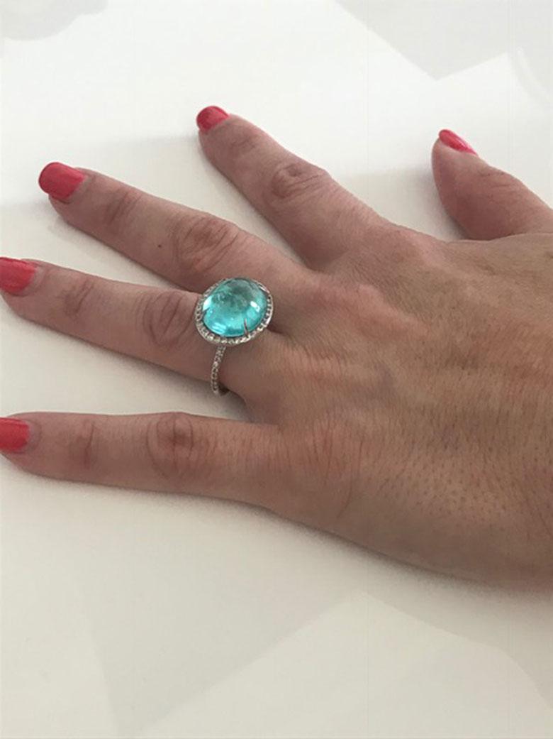 8.95 Carat Brazilian Paraiba Tourmaline Diamond Gold Ring In New Condition In Montreal, QC