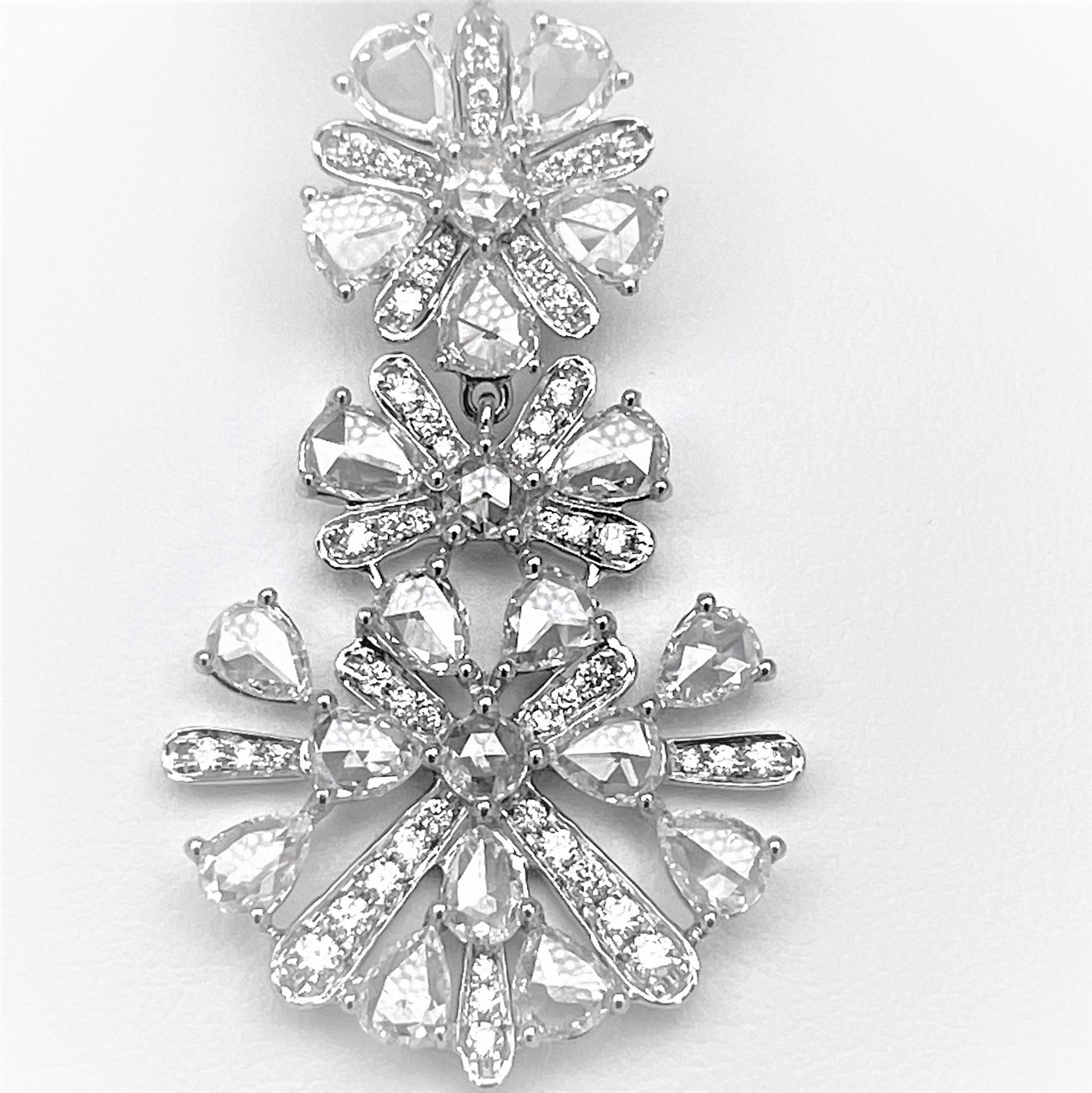 Rose Cut 8.95 Carat Diamond Snowflake Dangling Earrings on 18 Karat White Gold For Sale