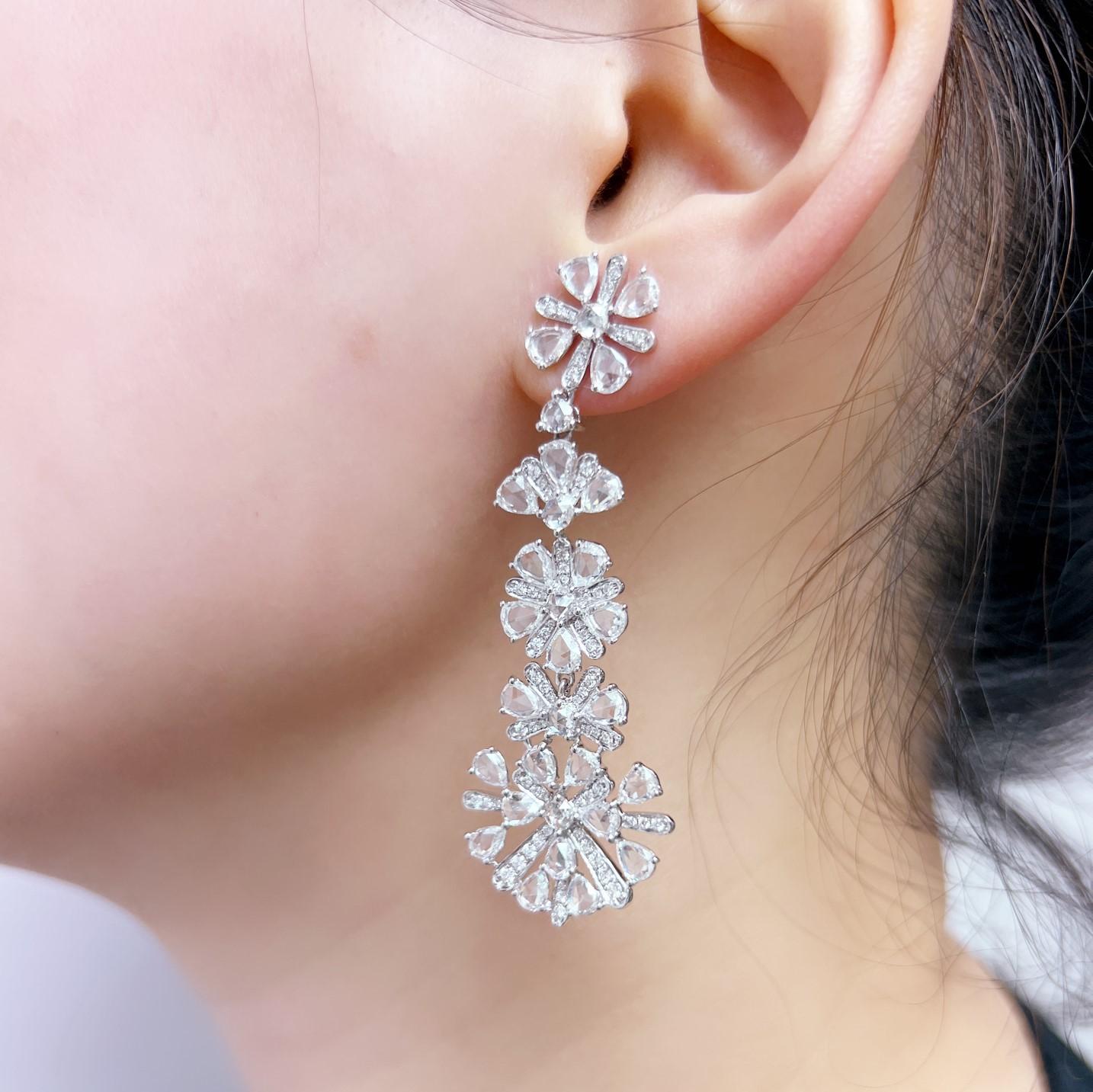 Women's 8.95 Carat Diamond Snowflake Dangling Earrings on 18 Karat White Gold For Sale
