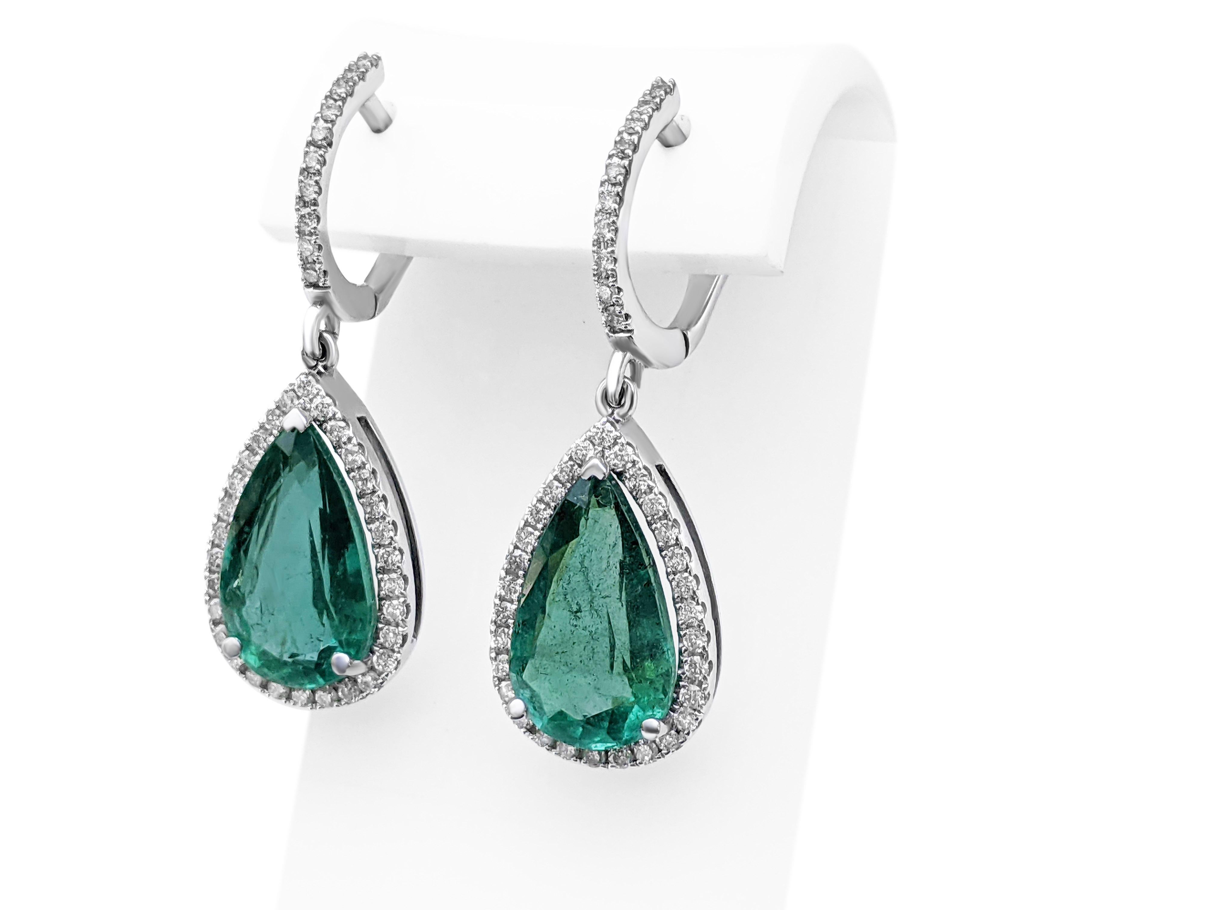 Pear Cut 8.95 Carat Emerald and 0.75 Ct Diamonds, 18 Kt. White Gold, Earrings