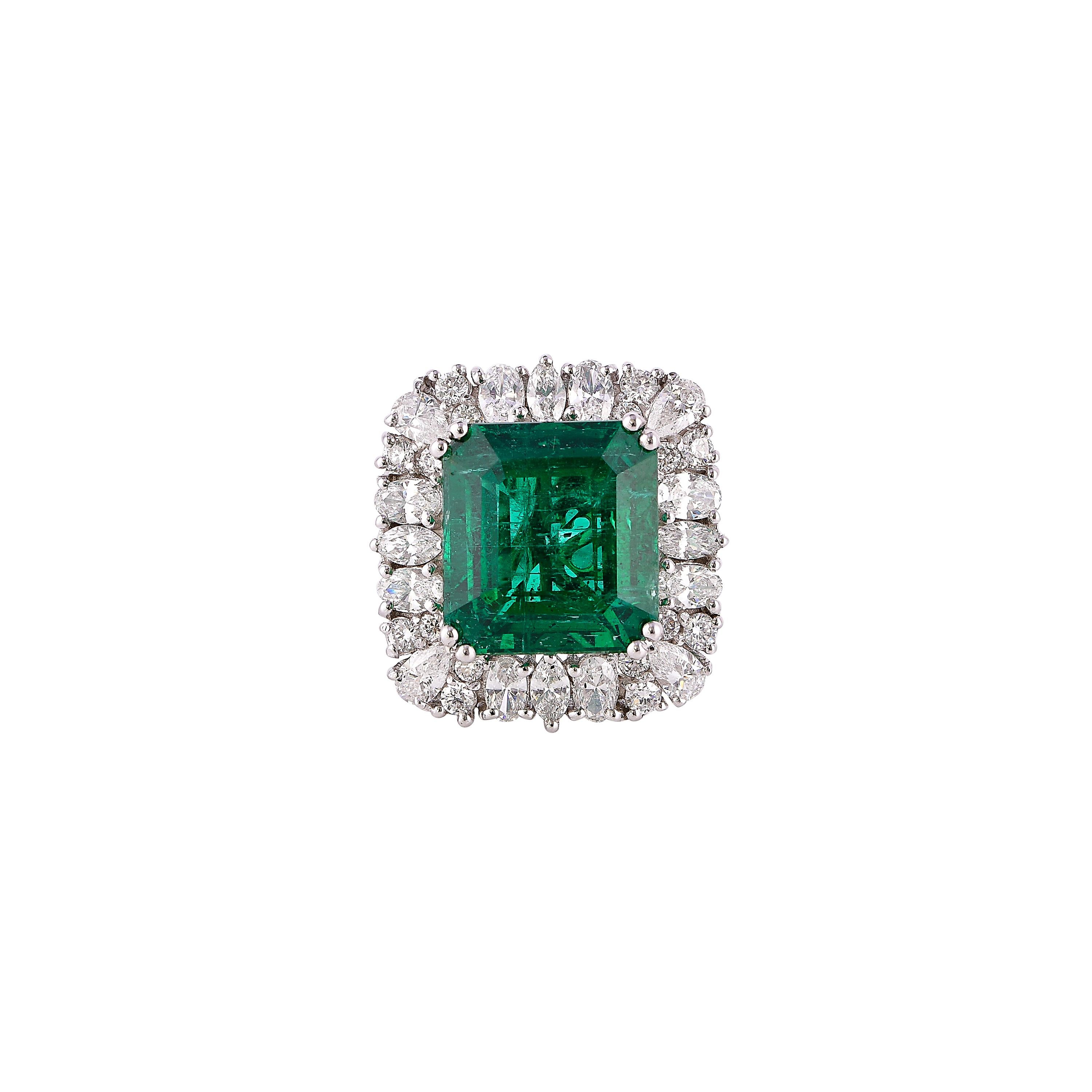 Emerald Cut GRS Certified 8.9 Carat Zambian Emerald & Diamond Ring in 18 Karat White Gold For Sale