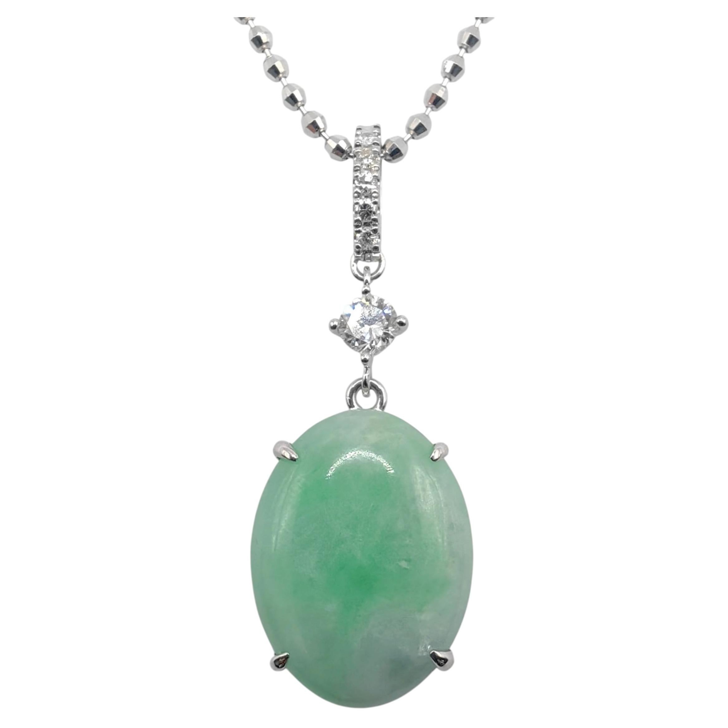8.95ct Apple Green Oval Cabochon Jadeite Jade Diamond Pendant in 18K White Gold
