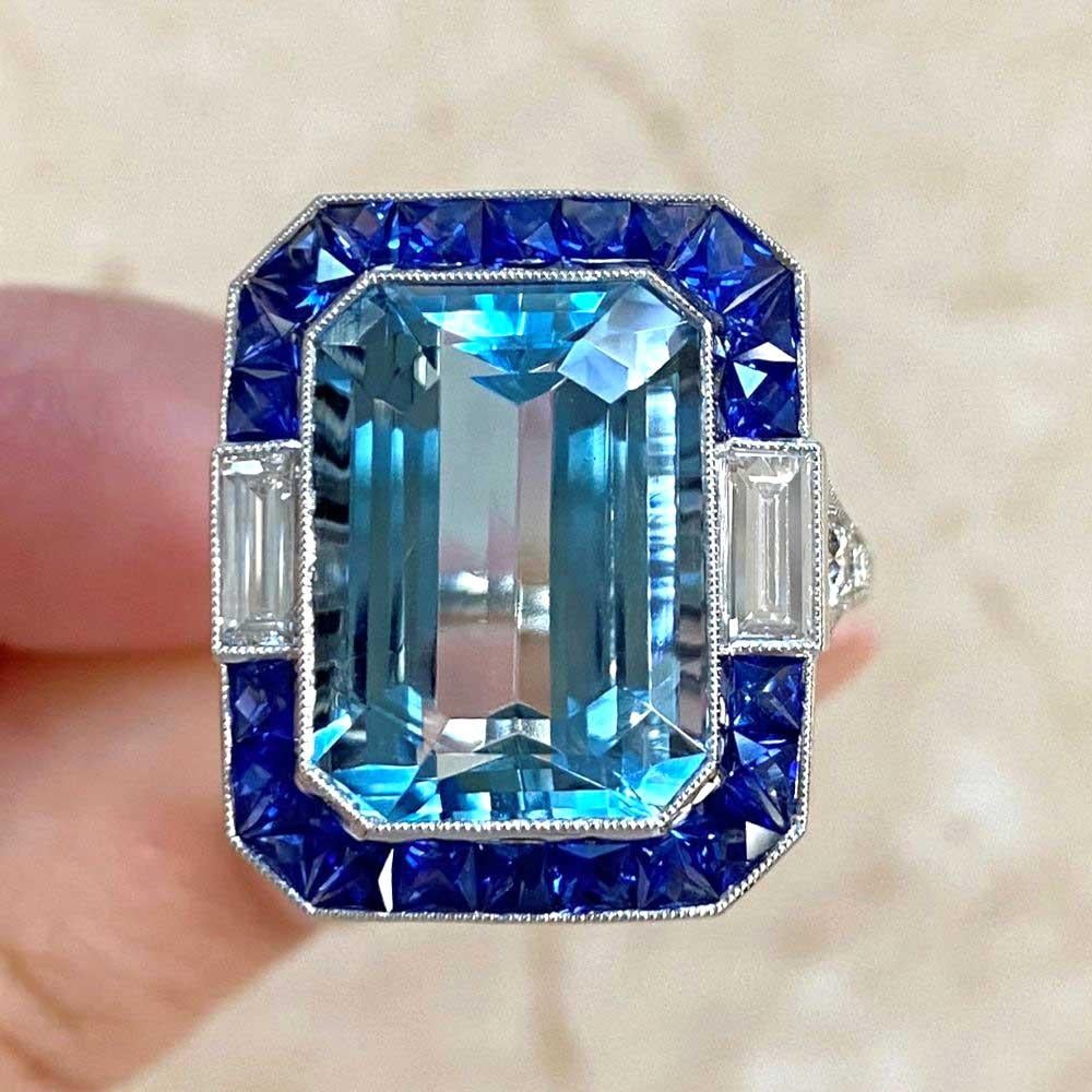 8.95ct Emerald Cut Aquamarine Cocktail Ring, Sapphire Halo, Platinum For Sale 5