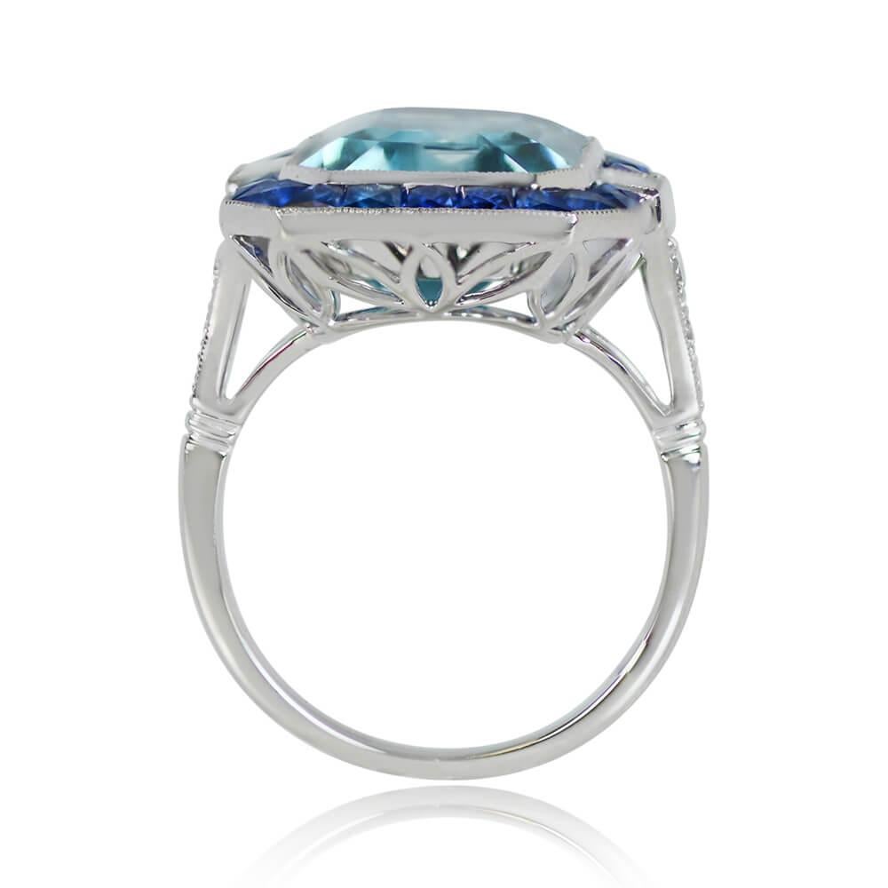 Art Deco 8.95ct Emerald Cut Aquamarine Cocktail Ring, Sapphire Halo, Platinum For Sale