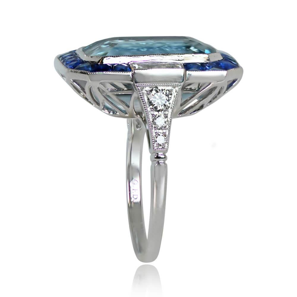 8.95ct Emerald Cut Aquamarine Cocktail Ring, Sapphire Halo, Platinum In Excellent Condition For Sale In New York, NY