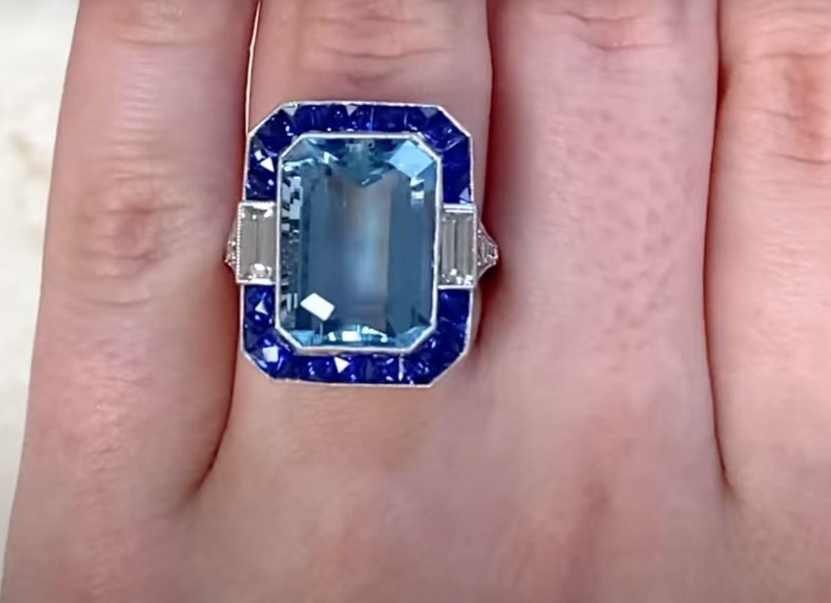Women's 8.95ct Emerald Cut Aquamarine Cocktail Ring, Sapphire Halo, Platinum For Sale