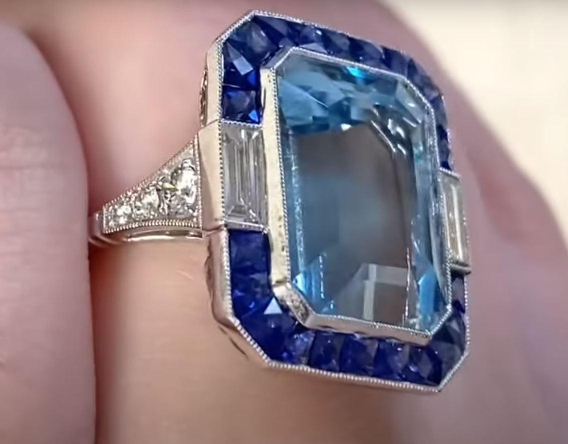 8.95ct Emerald Cut Aquamarine Cocktail Ring, Sapphire Halo, Platinum For Sale 1