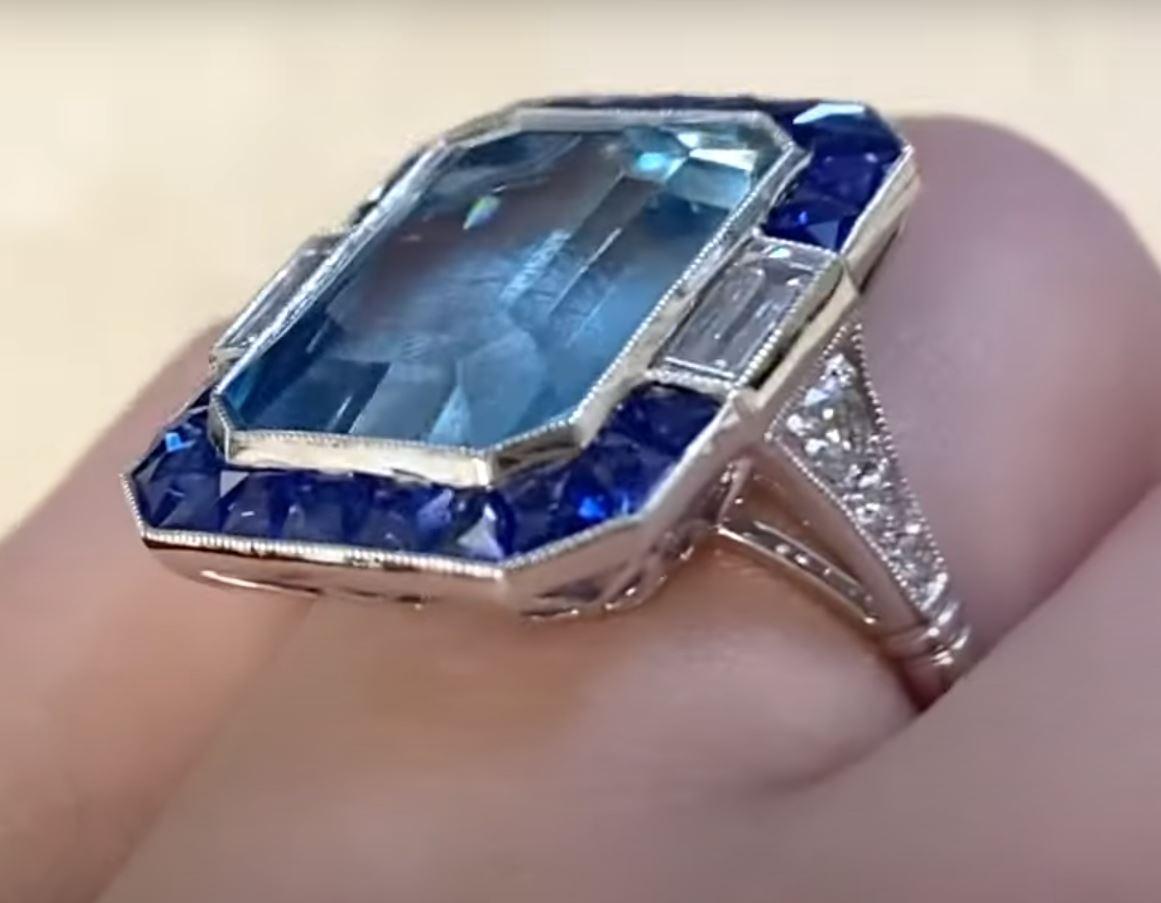 8.95ct Emerald Cut Aquamarine Cocktail Ring, Sapphire Halo, Platinum For Sale 2