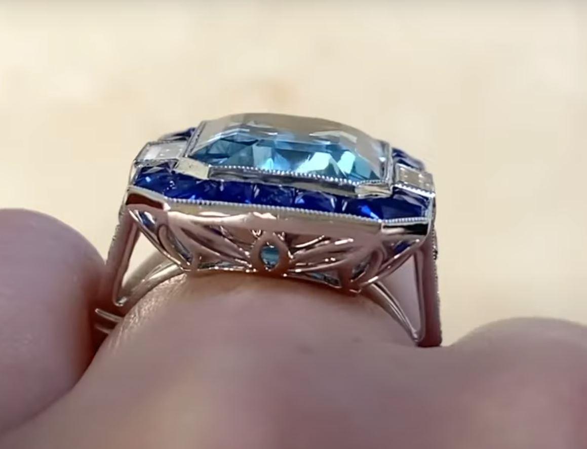8.95ct Emerald Cut Aquamarine Cocktail Ring, Sapphire Halo, Platinum For Sale 3