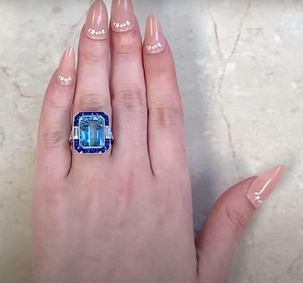 8.95ct Emerald Cut Aquamarine Cocktail Ring, Sapphire Halo, Platinum For Sale 4
