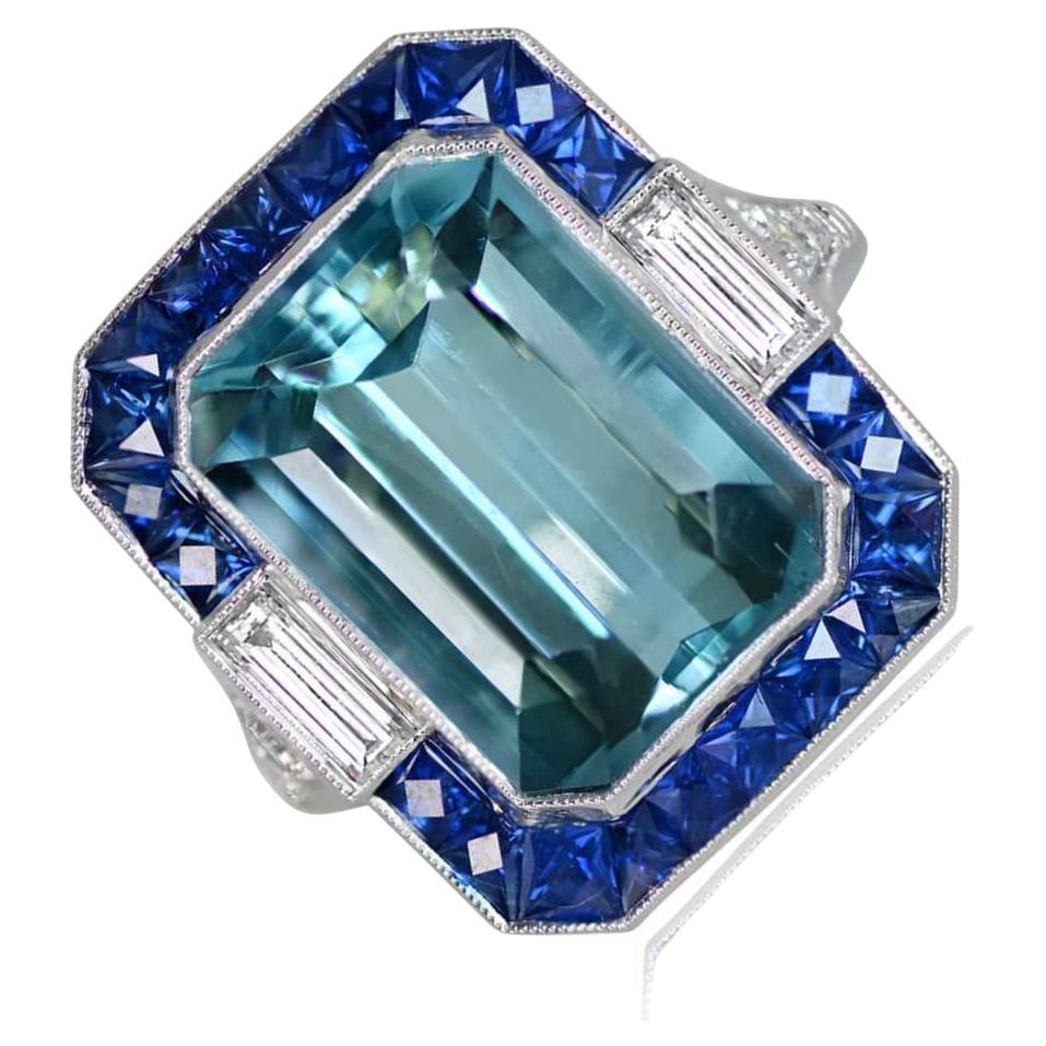 8.95ct Emerald Cut Aquamarine Cocktail Ring, Sapphire Halo, Platinum For Sale