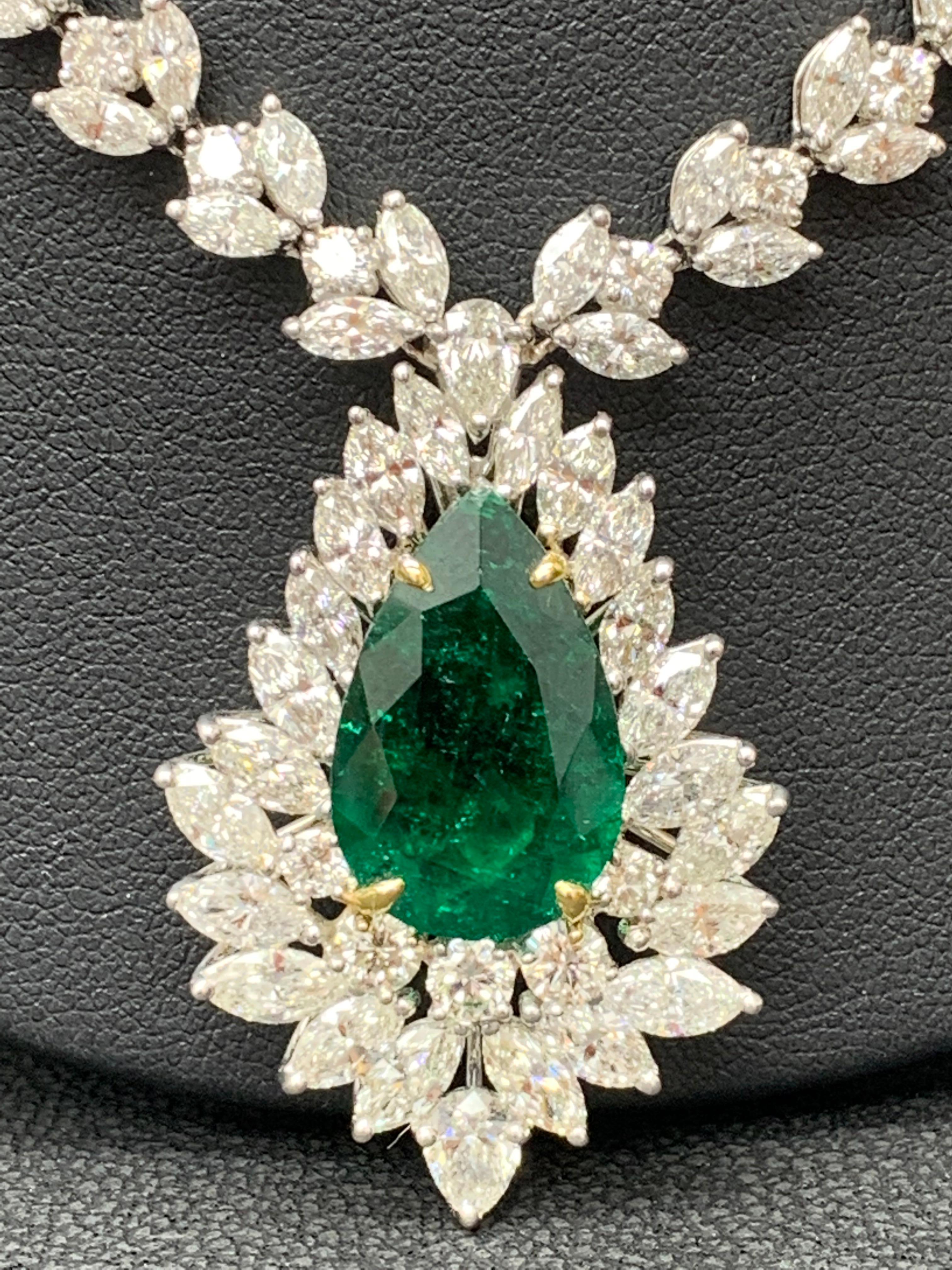 8.96 Carat Pear shape Emerald and Mix Shape Diamond Drop Necklace in Platinum For Sale 8