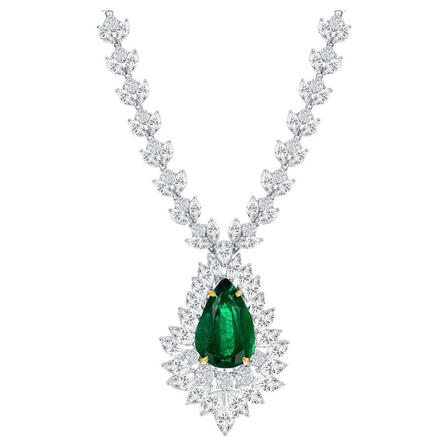 8.96 Carat Pear shape Emerald and Mix Shape Diamond Drop Necklace in Platinum