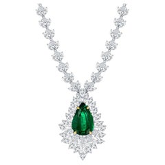 8.96 Carat Pear shape Emerald and Mix Shape Diamond Drop Necklace in Platinum