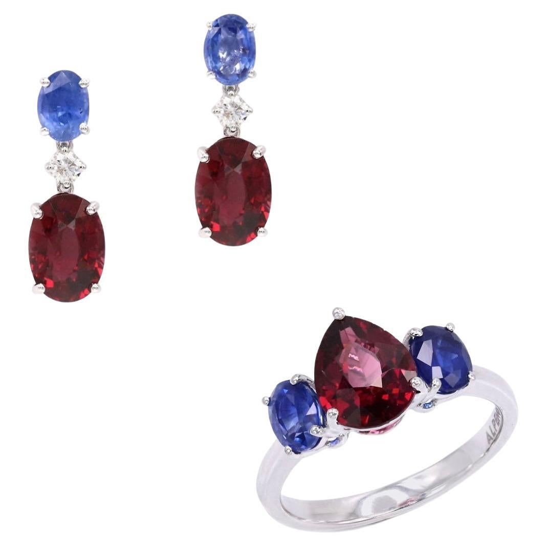 8.96 Carat Red Garnet Blue Sapphire Diamond 18K White Gold Ring and Earrings For Sale