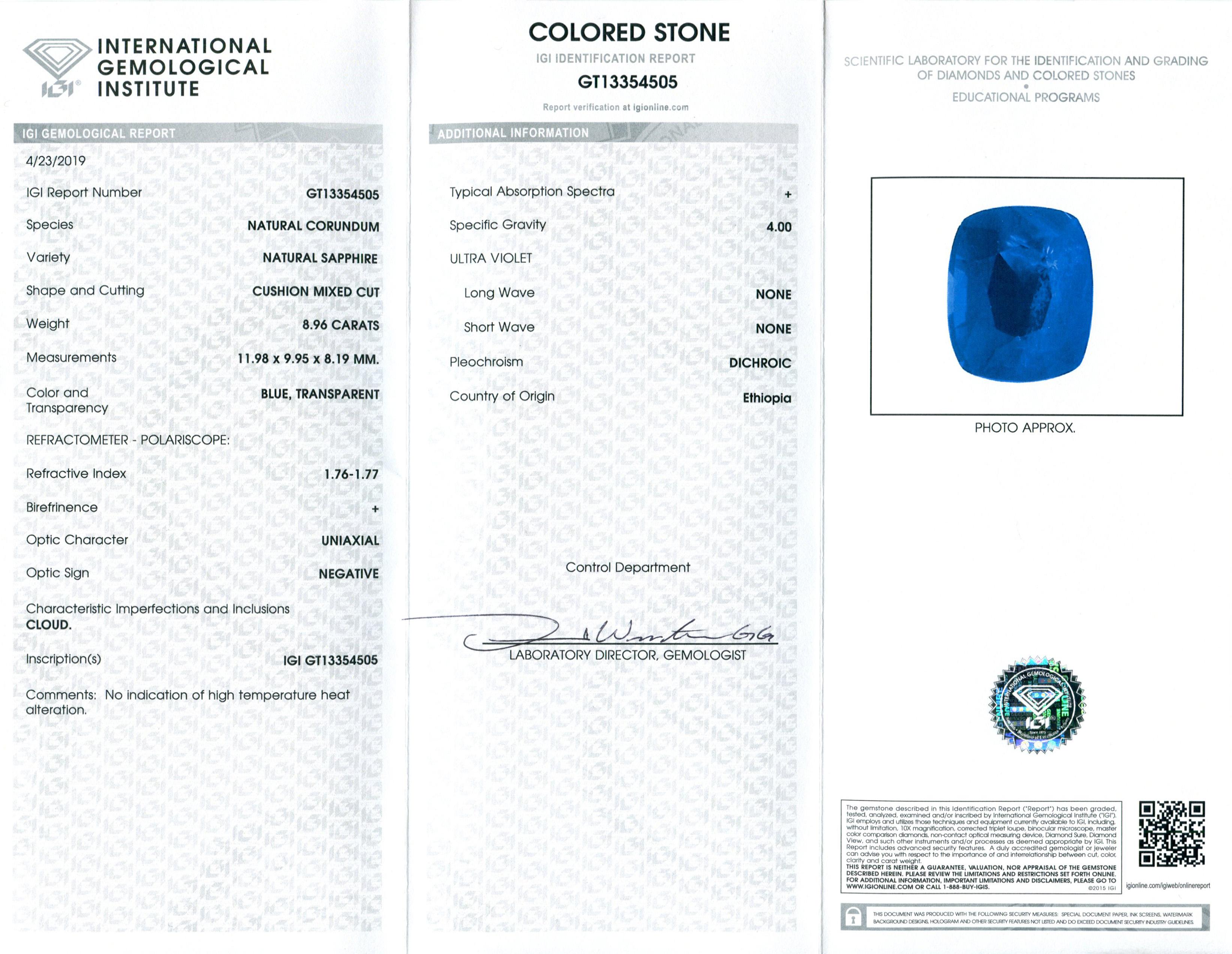 Taglio cuscino 8,96 carati di zaffiro blu a cuscino certificato IGI Etiopia, non riscaldato in vendita