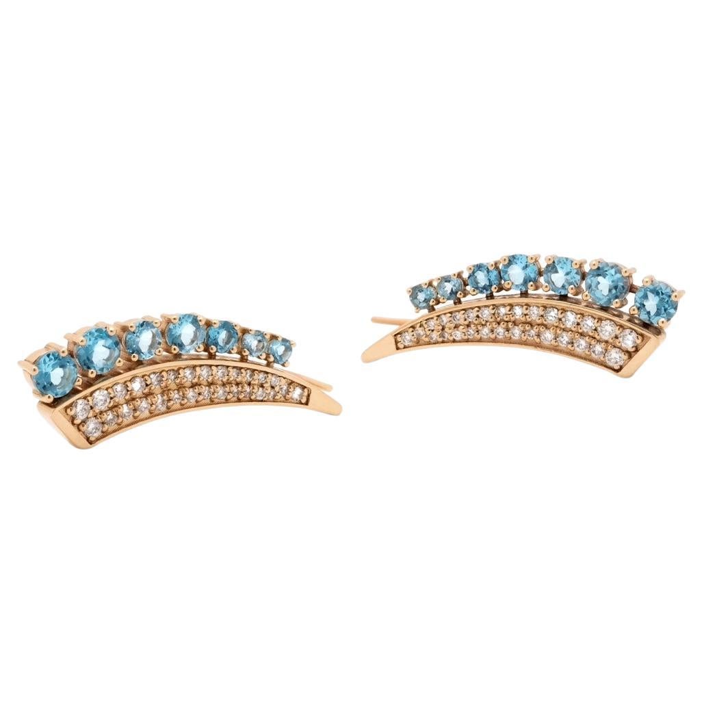 8.96 Carat Blue Topaz and Diamond Yellow Gold Climber Earrings For Sale