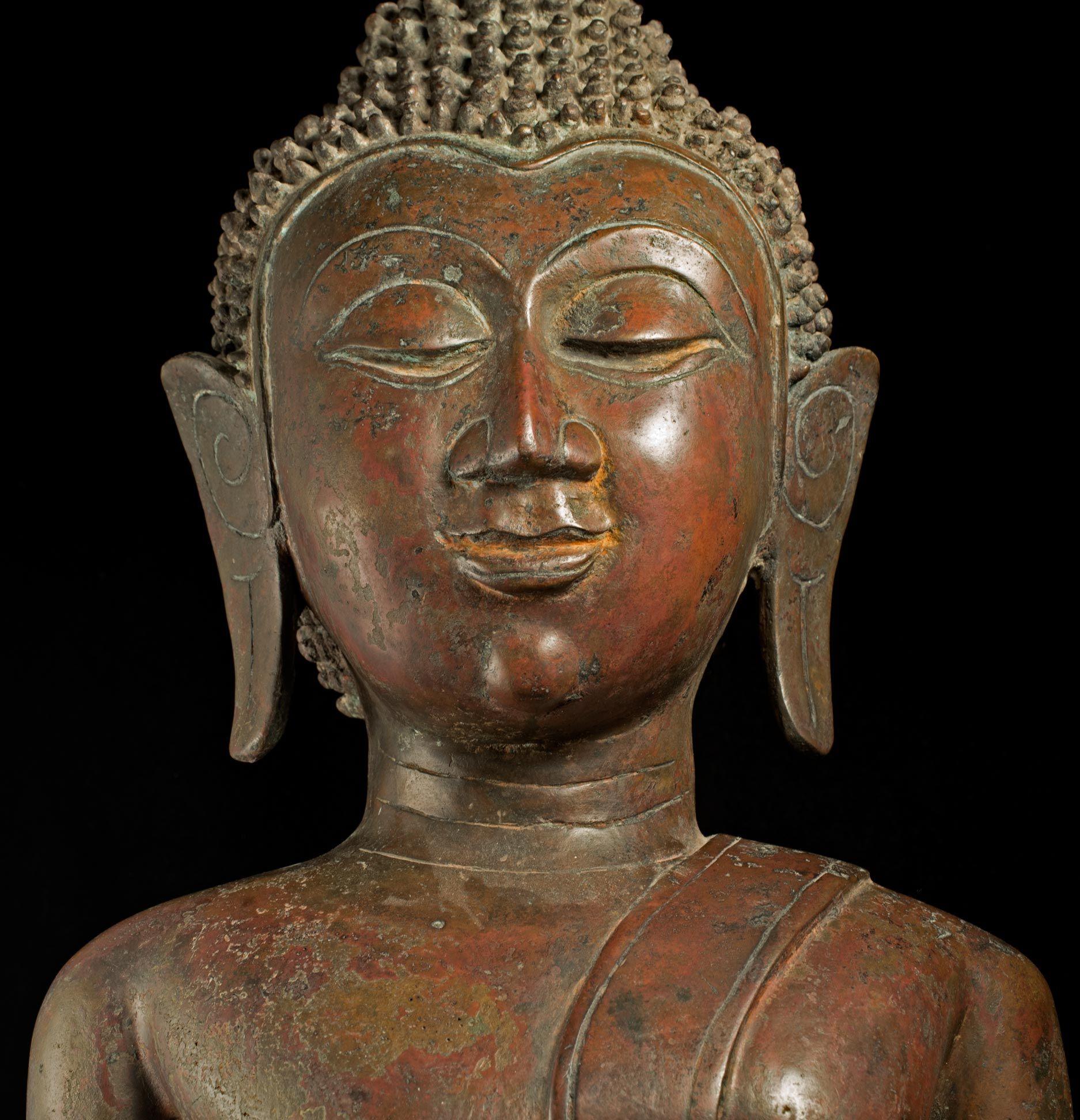 Moulage Grand royaume de Bouddha en bronze du 18/19e siècle de Nan dans le nord-est de la Thaïlande - 8961