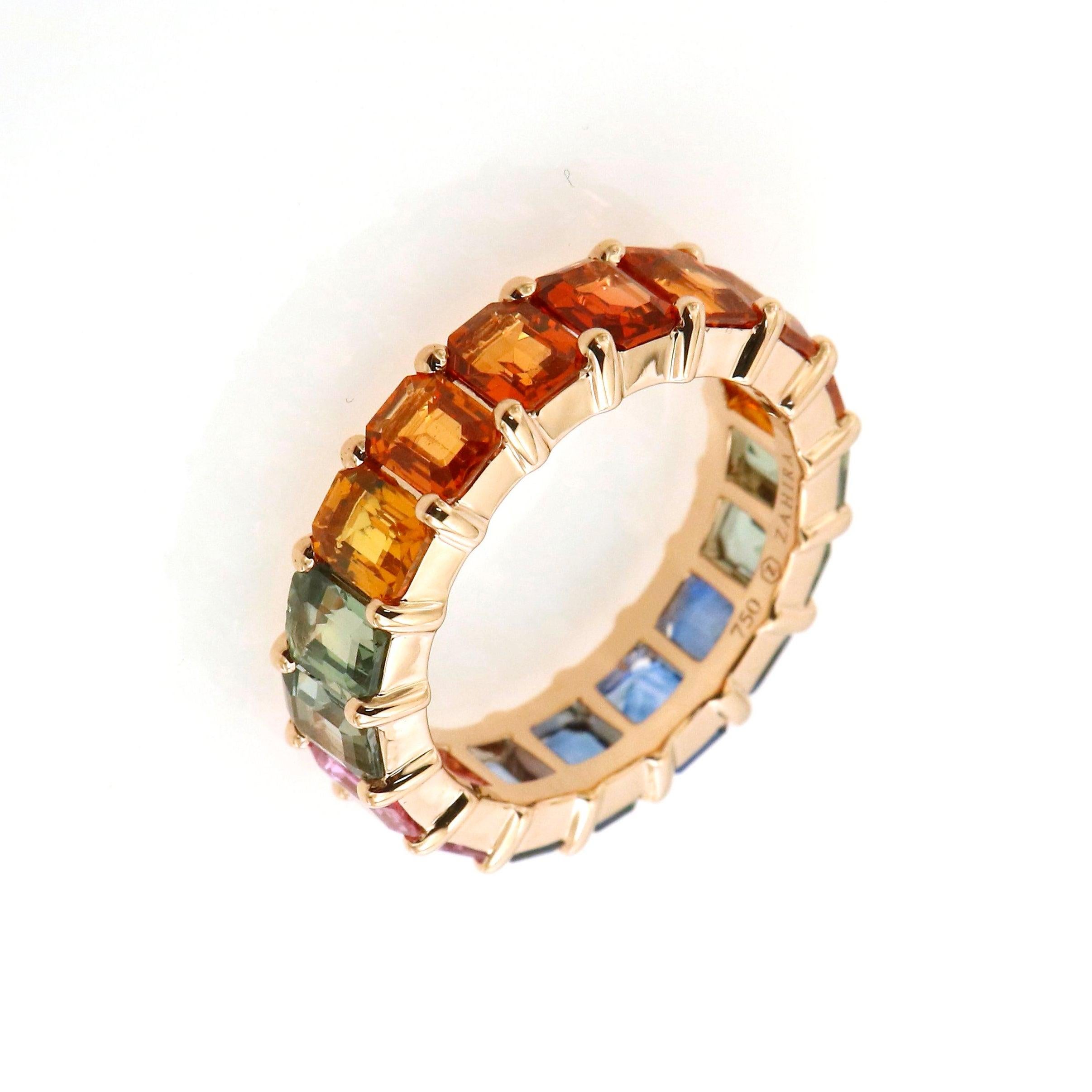 For Sale:  8.97 Carat Emerald Cut Rainbow Sapphire Eternity Band in 18 Karat Pink Gold 2