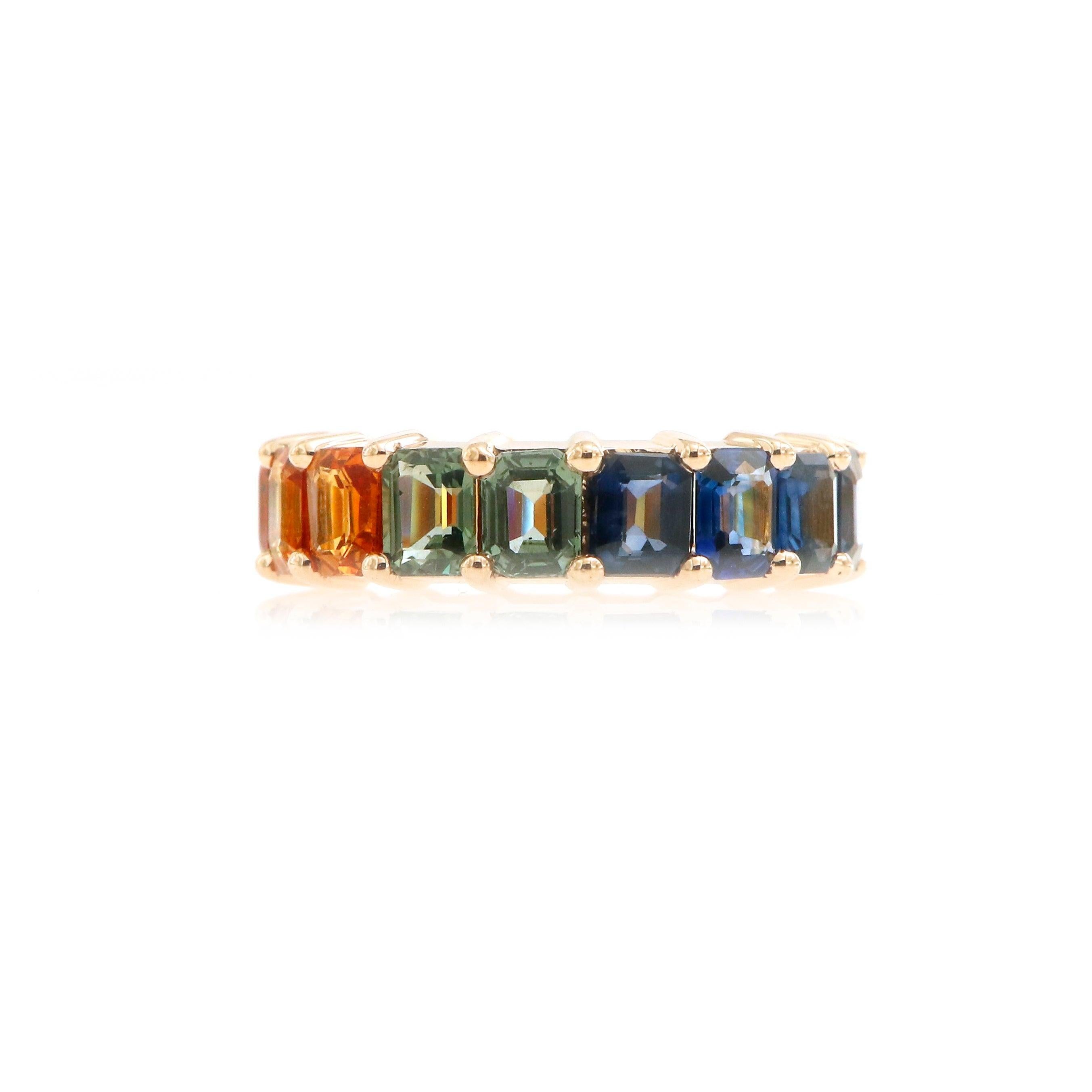 For Sale:  8.97 Carat Emerald Cut Rainbow Sapphire Eternity Band in 18 Karat Pink Gold 5