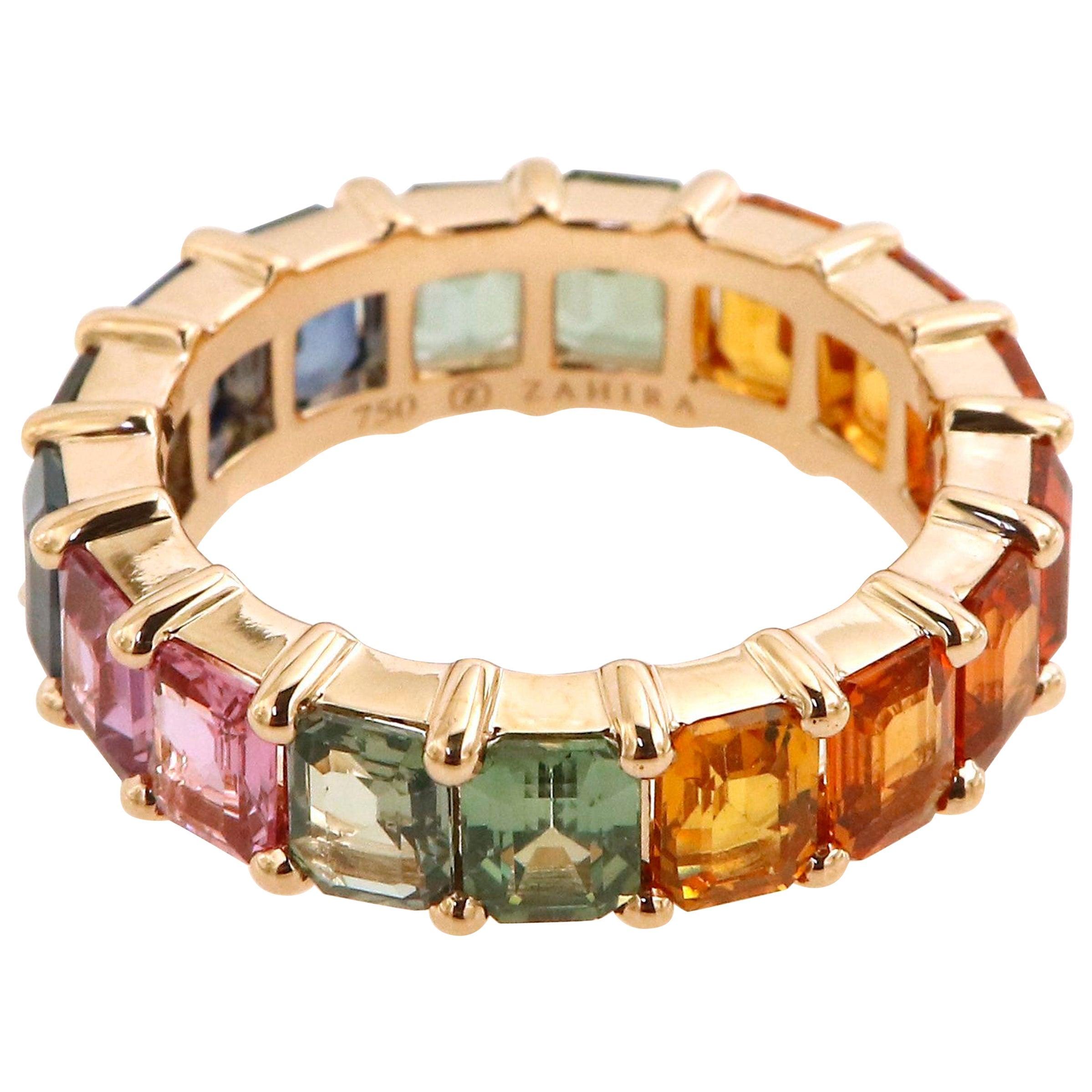 For Sale:  8.97 Carat Emerald Cut Rainbow Sapphire Eternity Band in 18 Karat Pink Gold