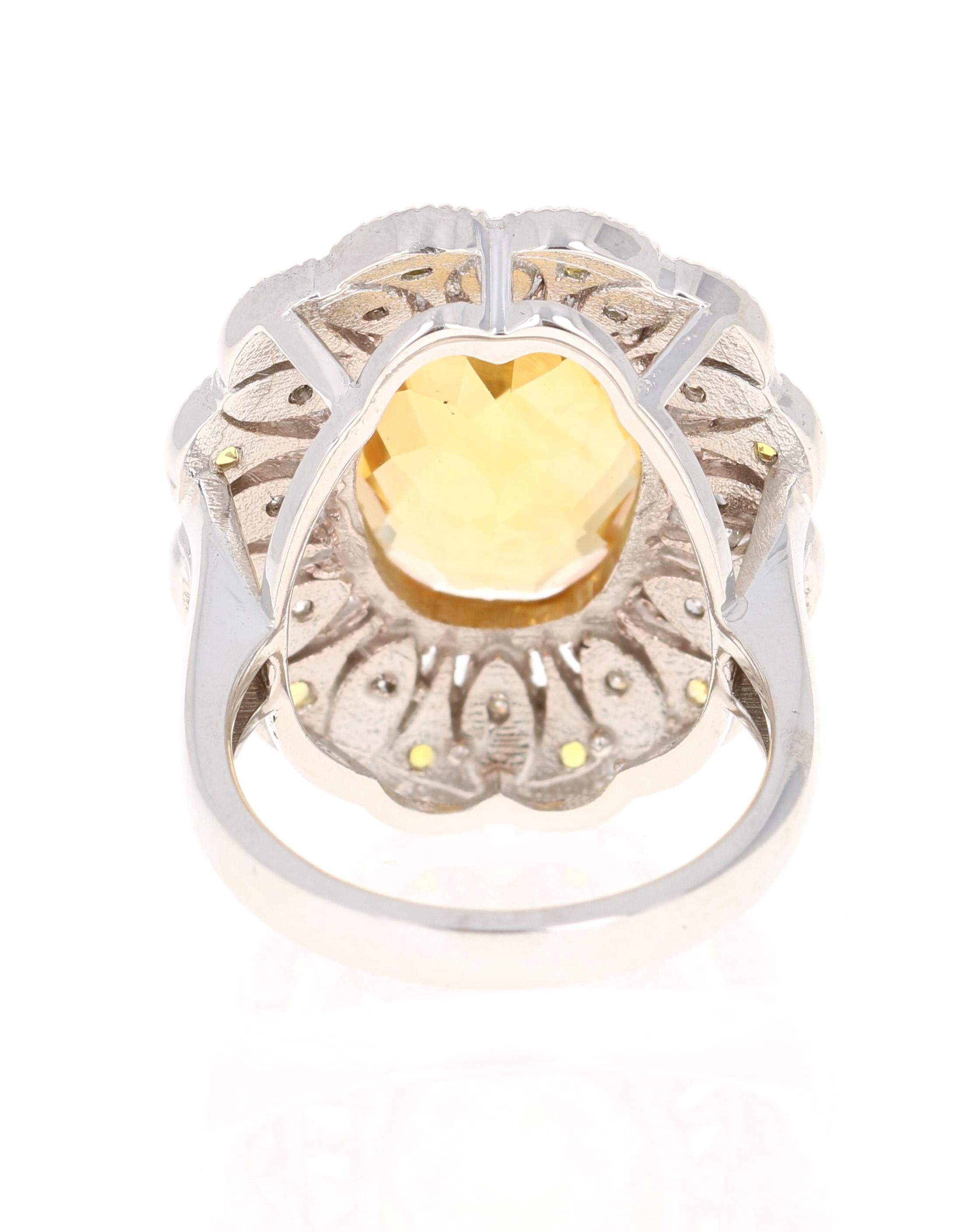 Oval Cut 8.98 Carat Citrine Diamond 14 Karat White Gold Cocktail Ring For Sale