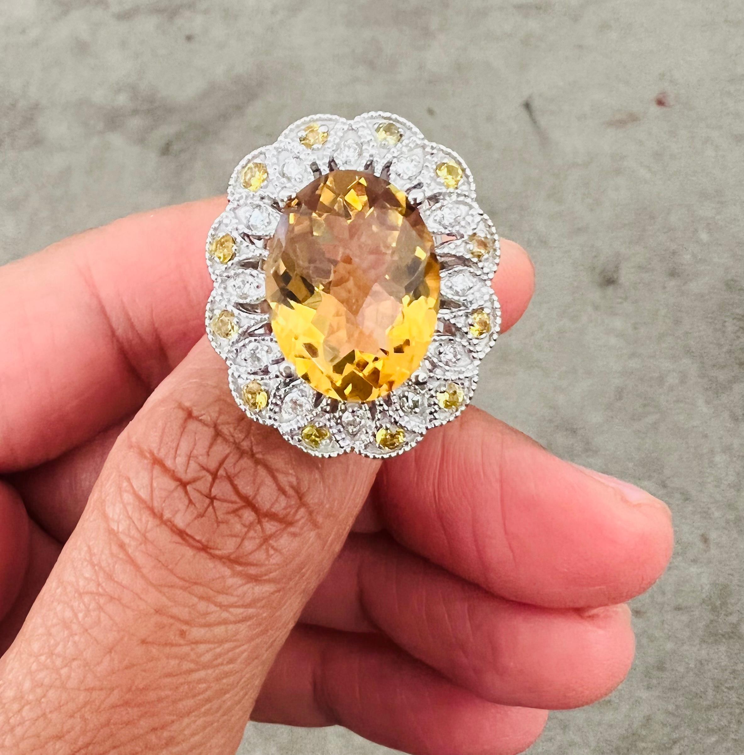 8.98 Carat Citrine Diamond 14 Karat White Gold Cocktail Ring In New Condition For Sale In Los Angeles, CA