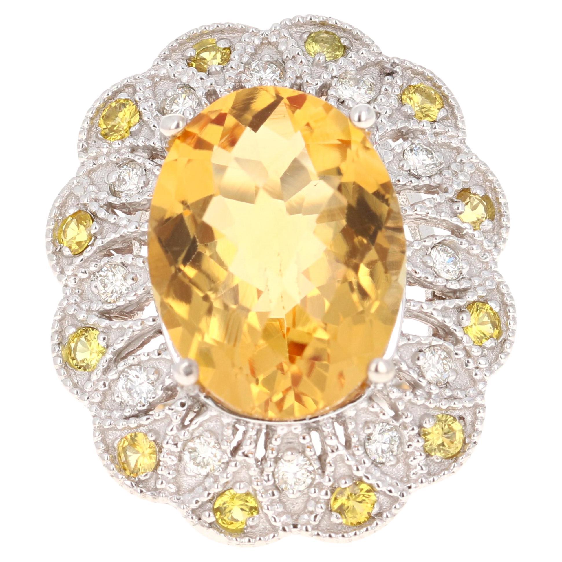 Bague cocktail en or blanc 14 carats avec diamants et citrine de 8,98 carats