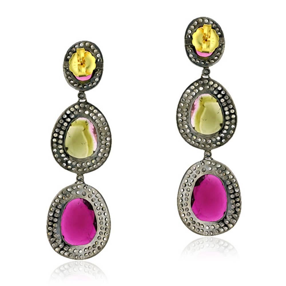 Modern 8.98 ct Multicolor Tourmaline Dangle Earrings with Diamonds Made In 18k Gold For Sale