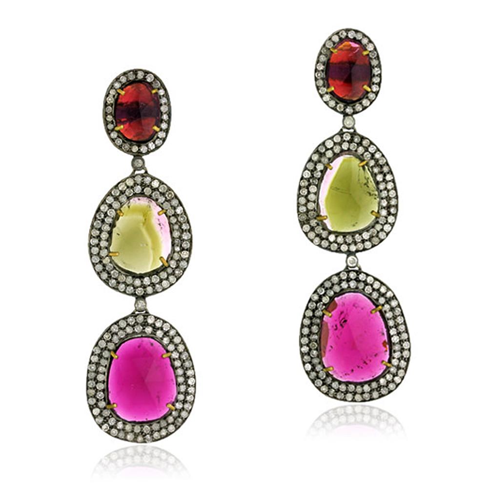 Mixed Cut 8.98 ct Multicolor Tourmaline Dangle Earrings with Diamonds Made In 18k Gold For Sale