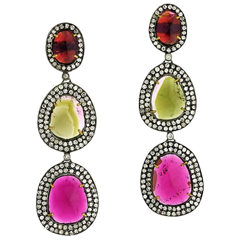 8.98 ct Multicolor Tourmaline Dangle Earrings with Diamonds Made In 18k Gold For Sale