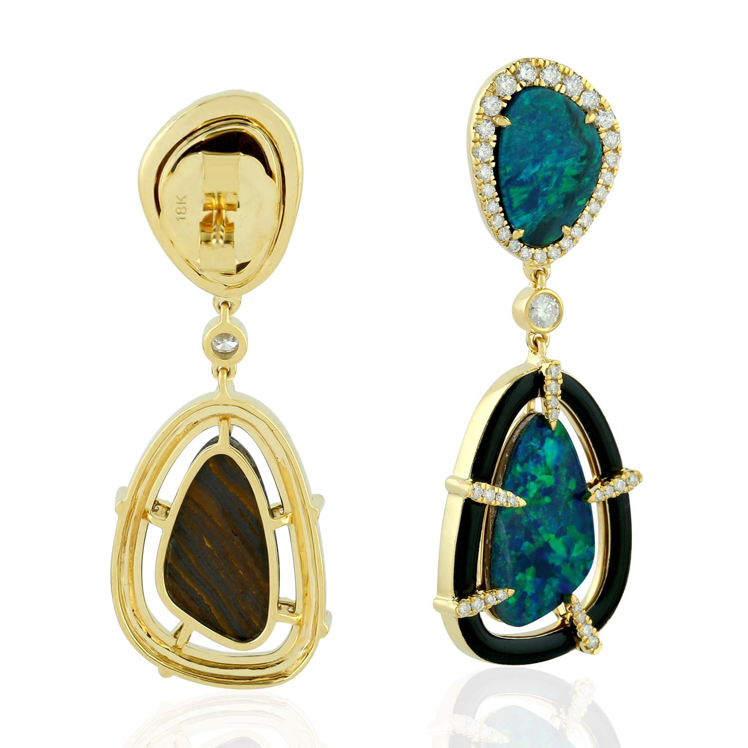 Contemporary 8.98 ct Opal Dangle Earrings With Black Enamel & Diamonds In 18k Yellow Gold For Sale