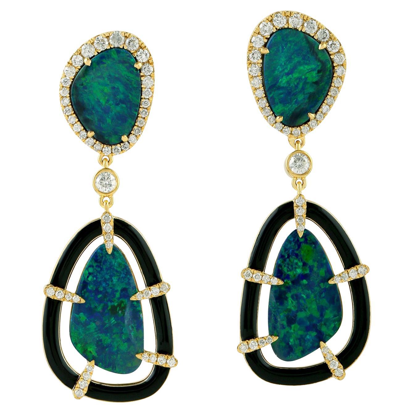 8.98 ct Opal Dangle Earrings With Black Enamel & Diamonds In 18k Yellow Gold For Sale